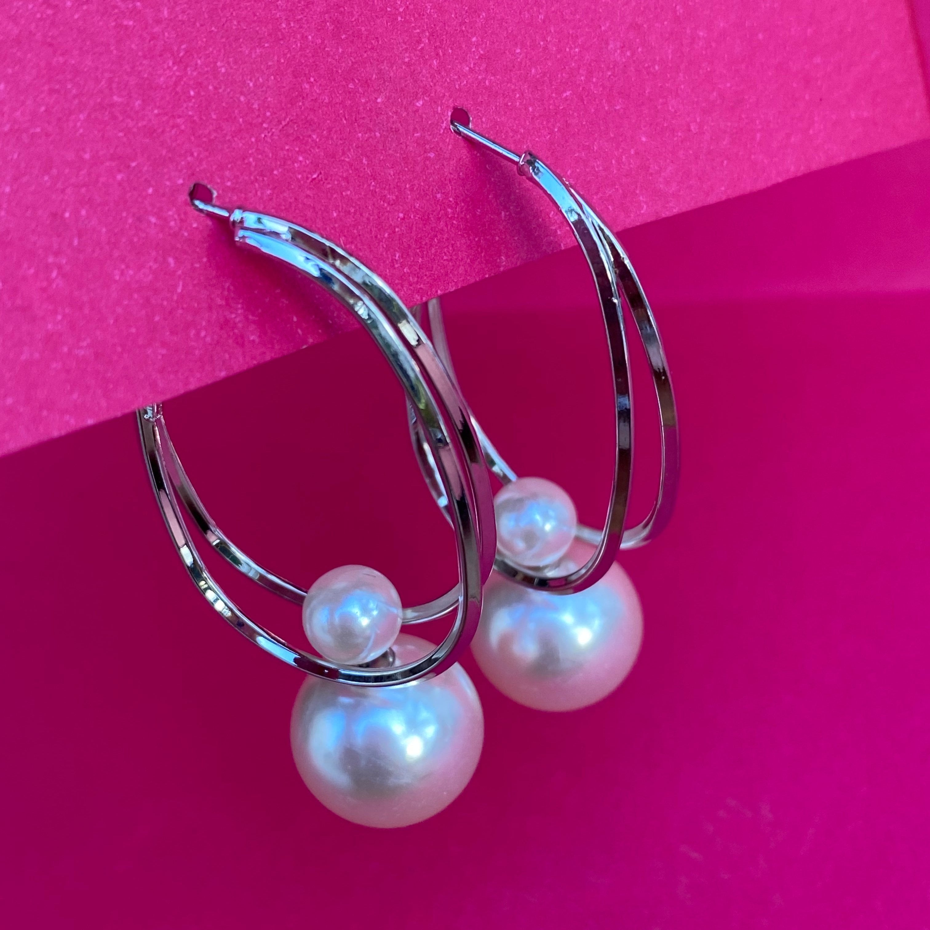 Double Hoop Pearl Drop Earrings
