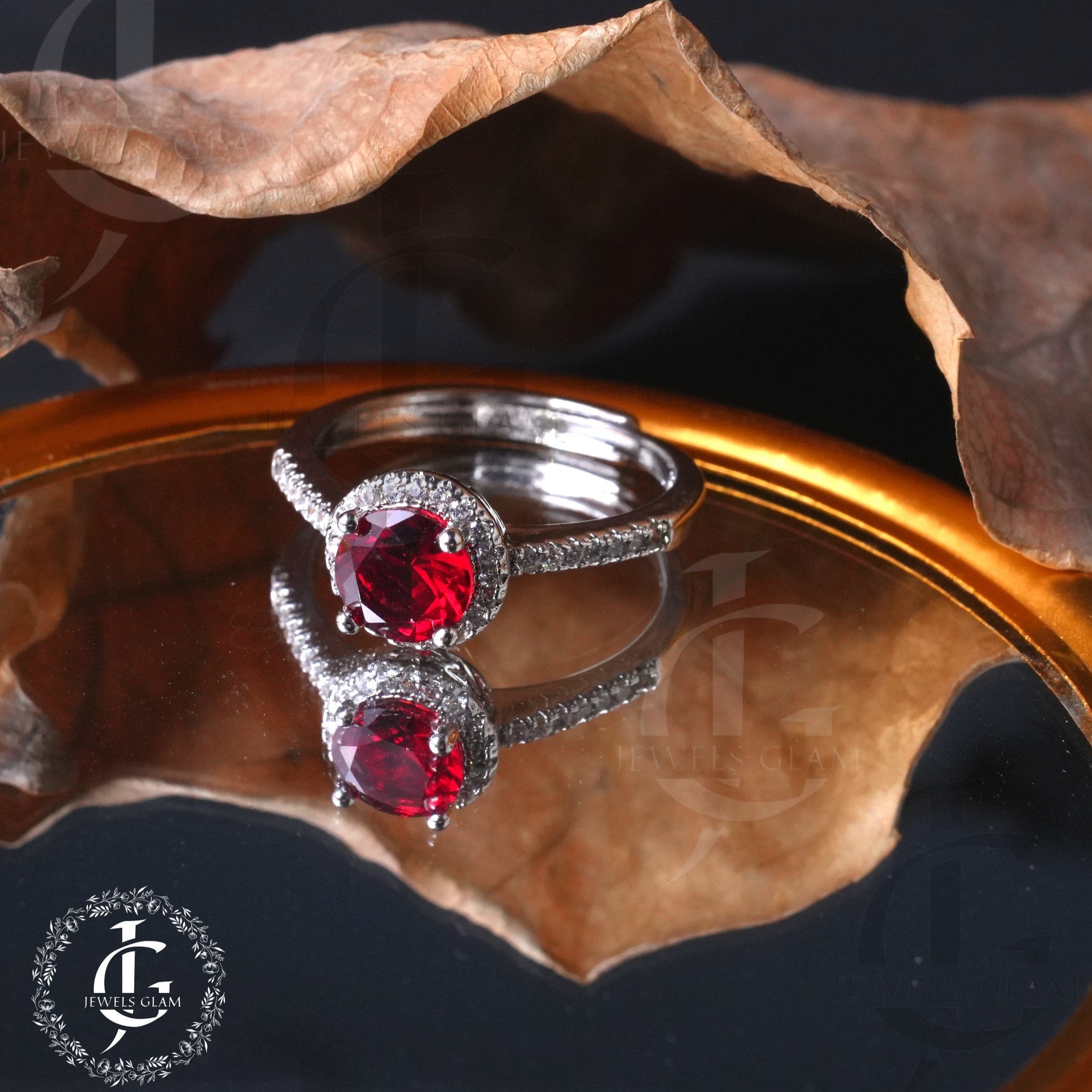 Crimson Glow Halo Silver Ring