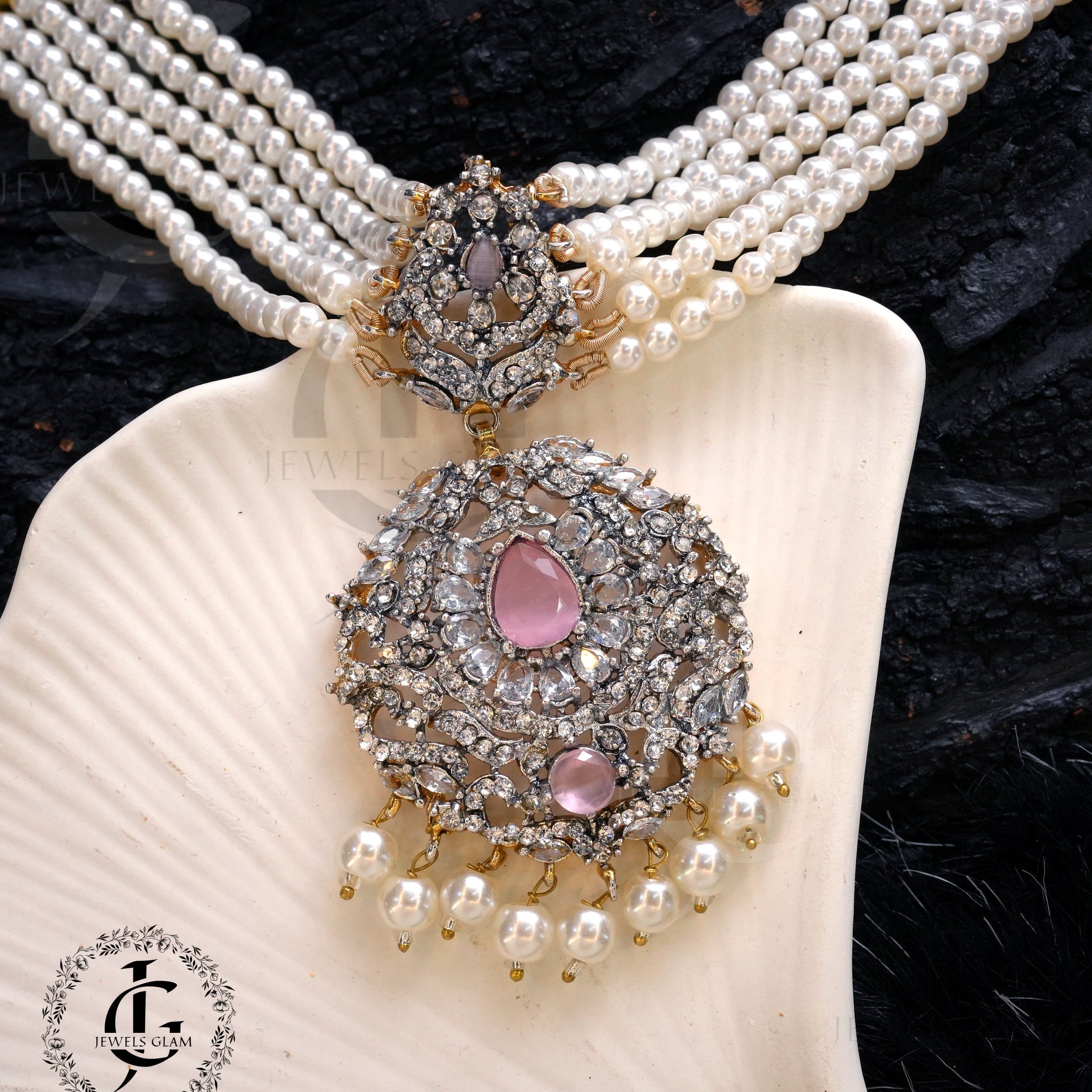 Studded Zircon Choker Set Pink