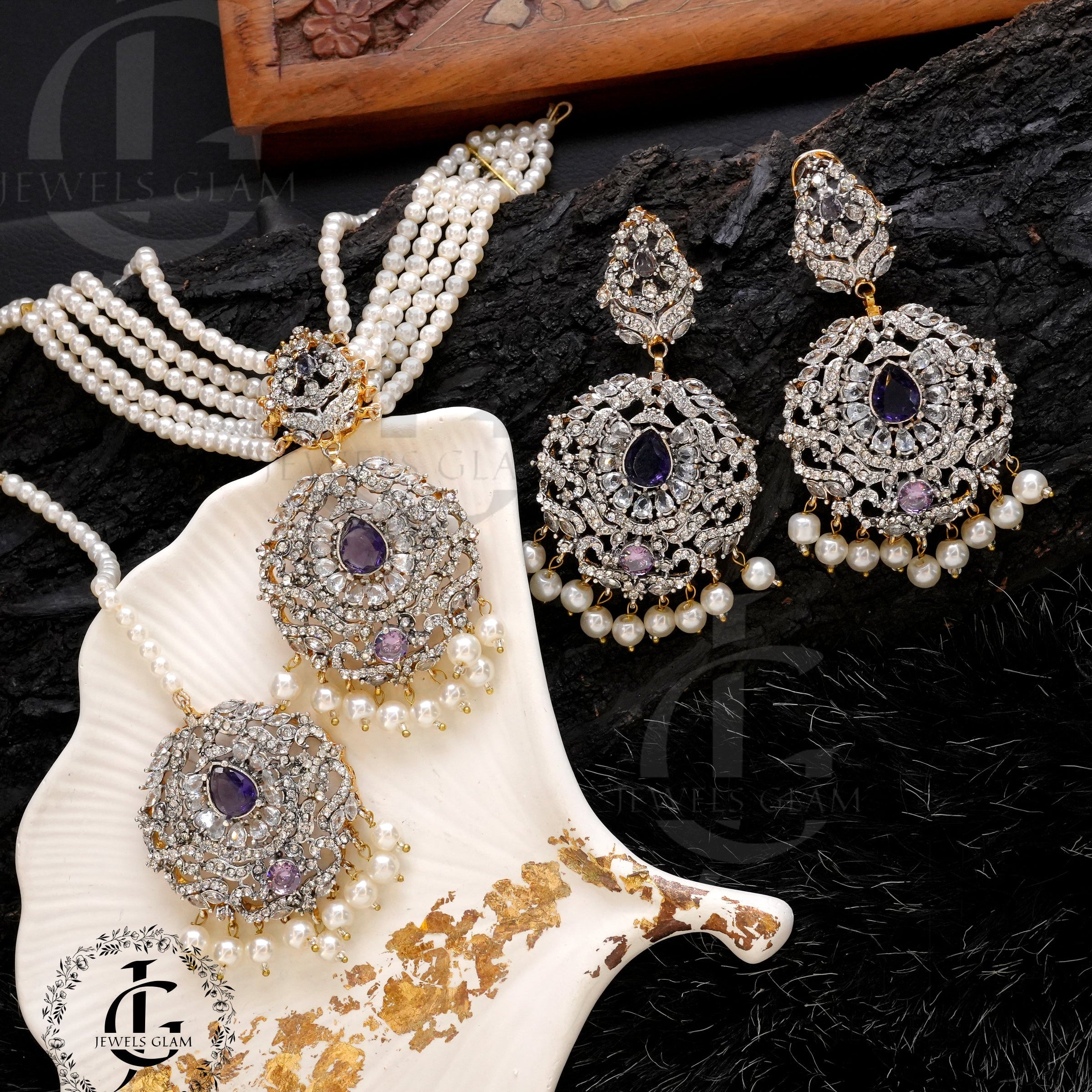 Studded Zircon Choker Set Purple
