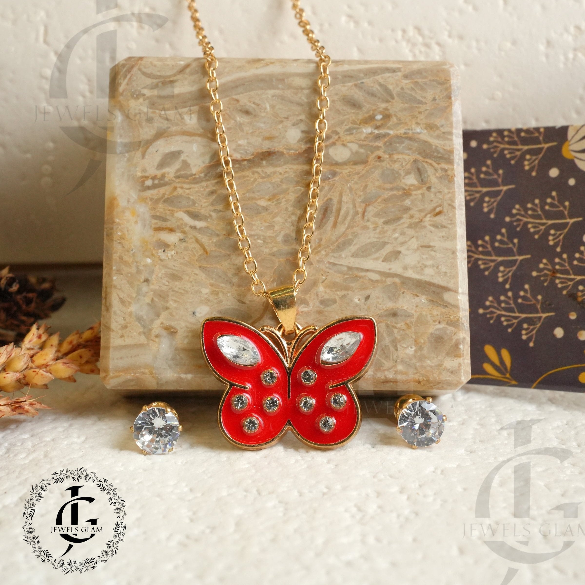 Radiant Red Butterfly Charm Jewelry Set