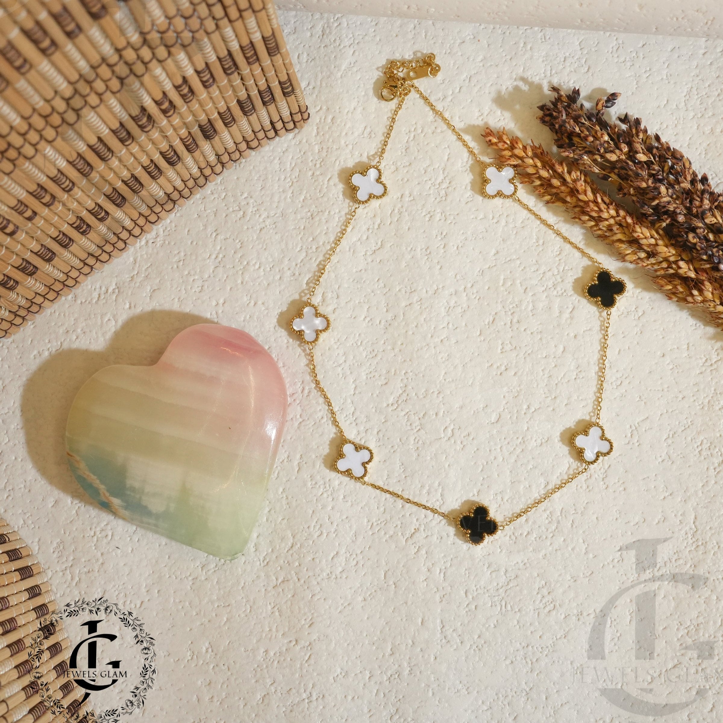 Elegant Clover-Link Necklace with Black and White Accents