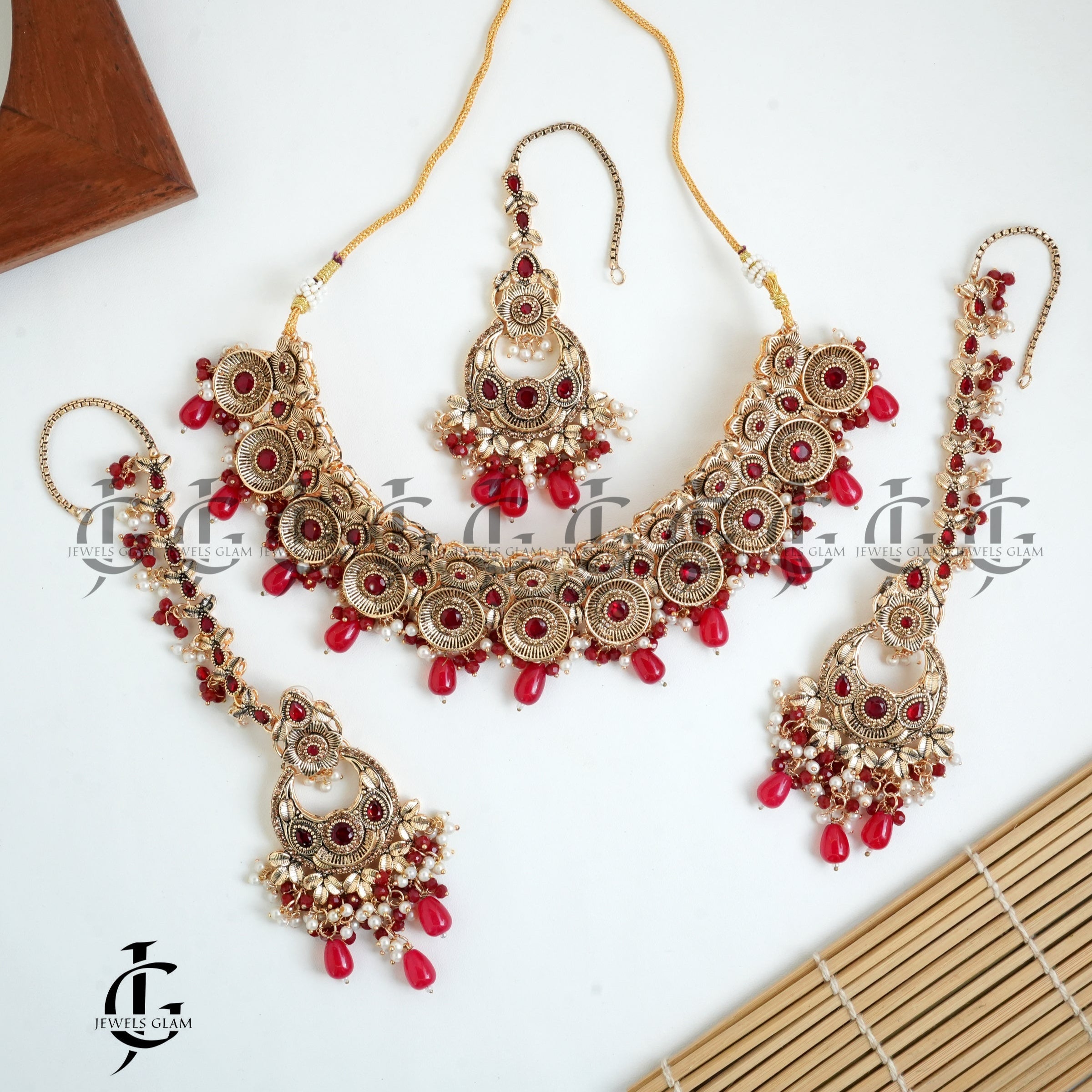 Red Matte Gold Toned Collar Set With Pearl Accents