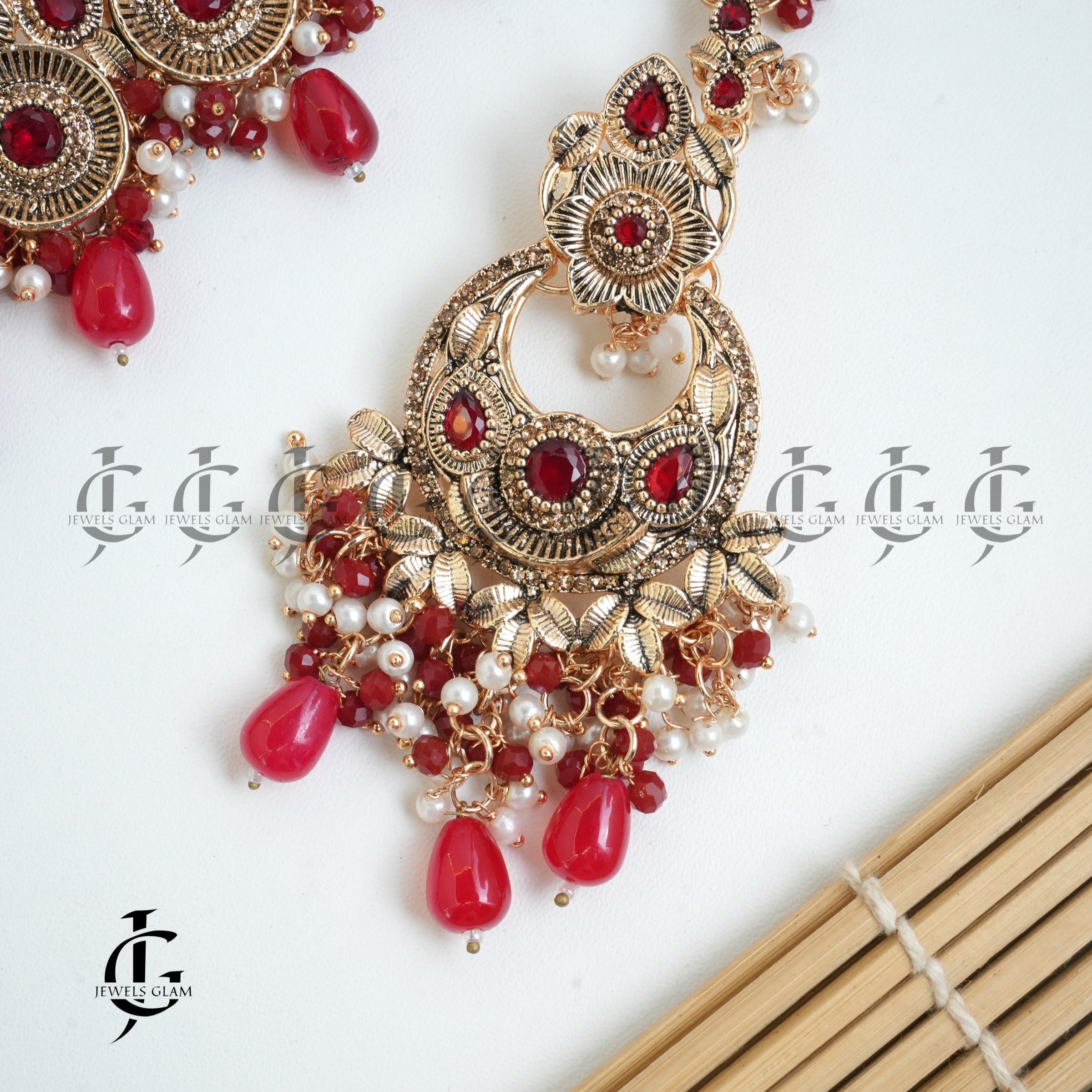 Red Matte Gold Toned Collar Set With Pearl Accents
