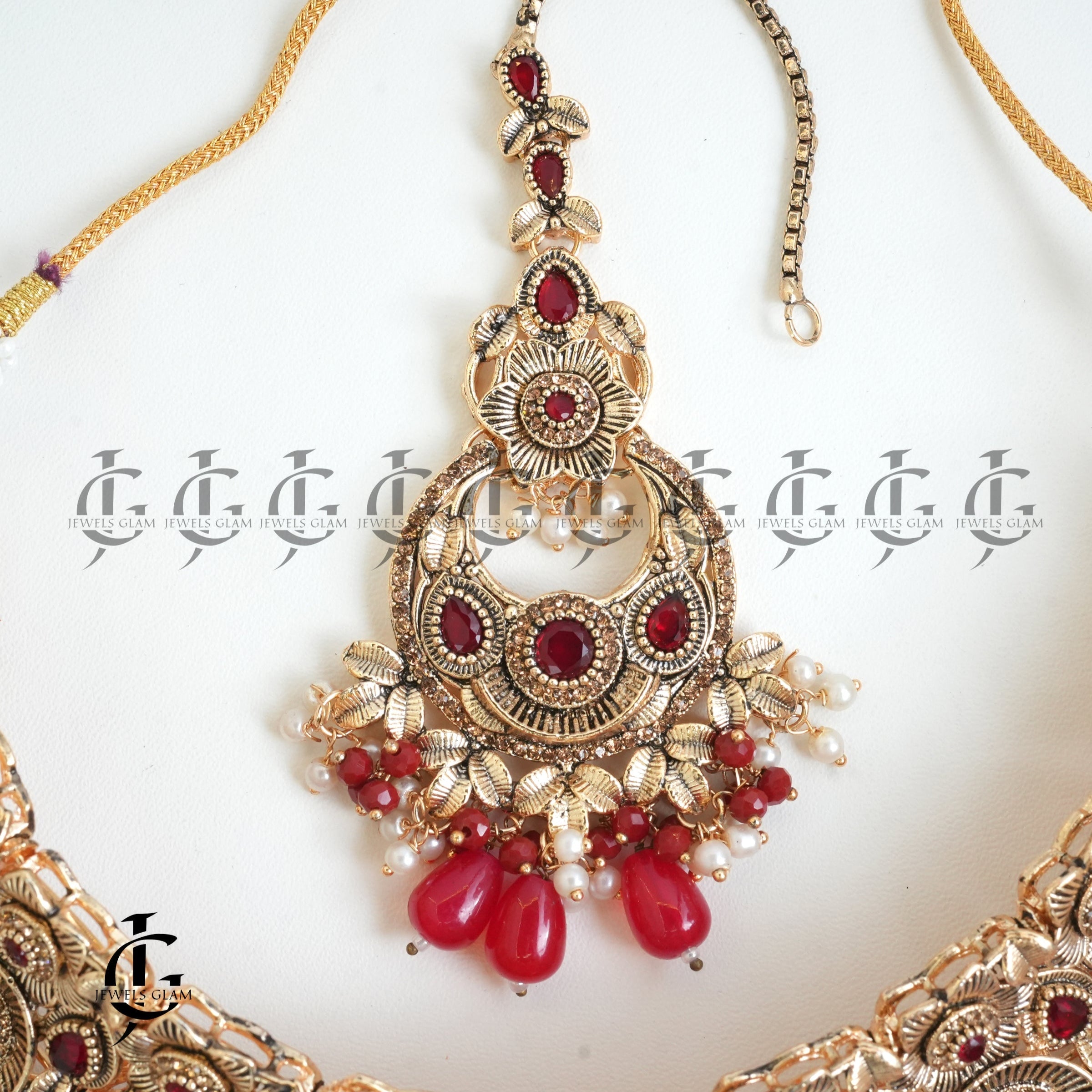 Red Matte Gold Toned Collar Set With Pearl Accents