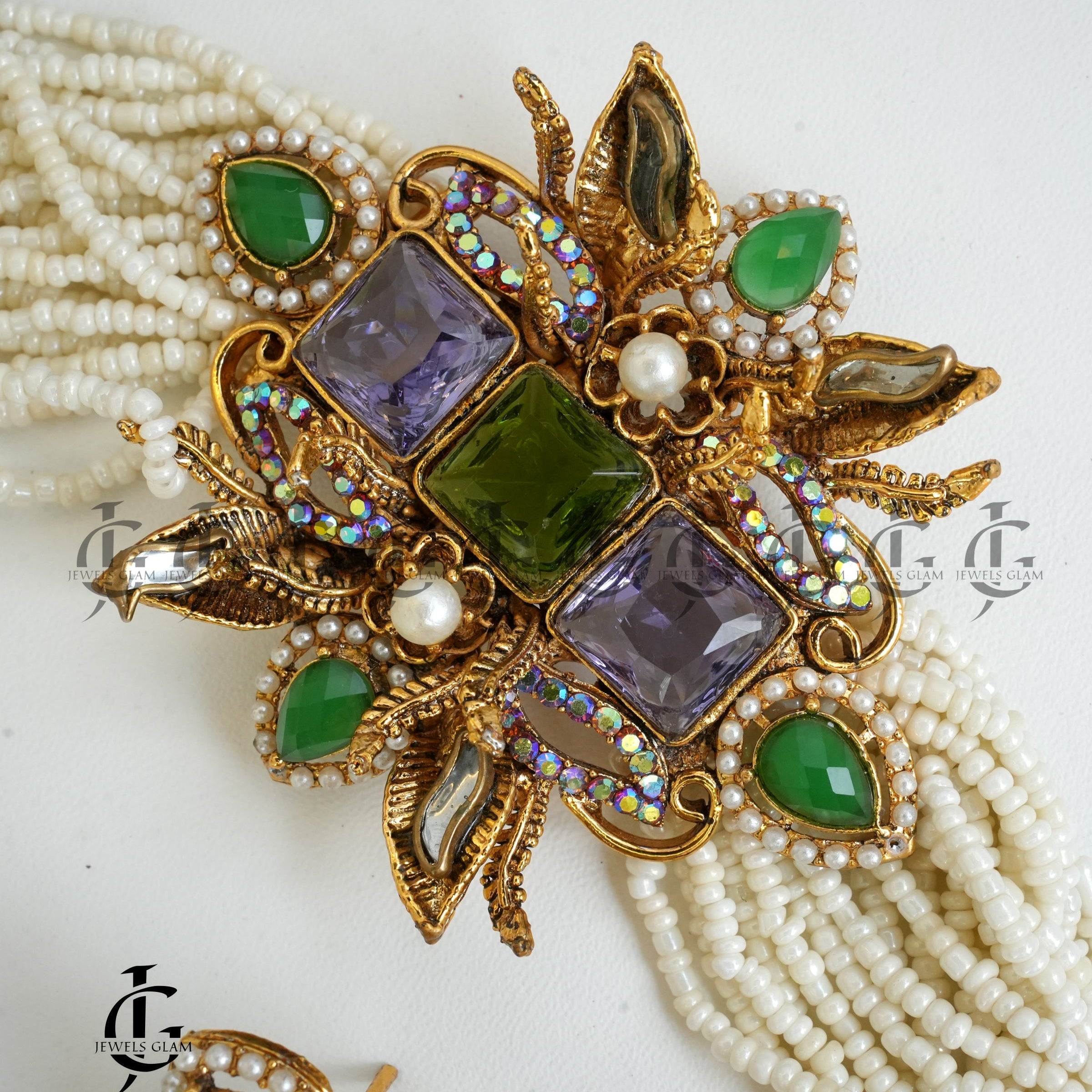 Royal Multilayer Pearl Mala with Ornate Gemstone Clasps