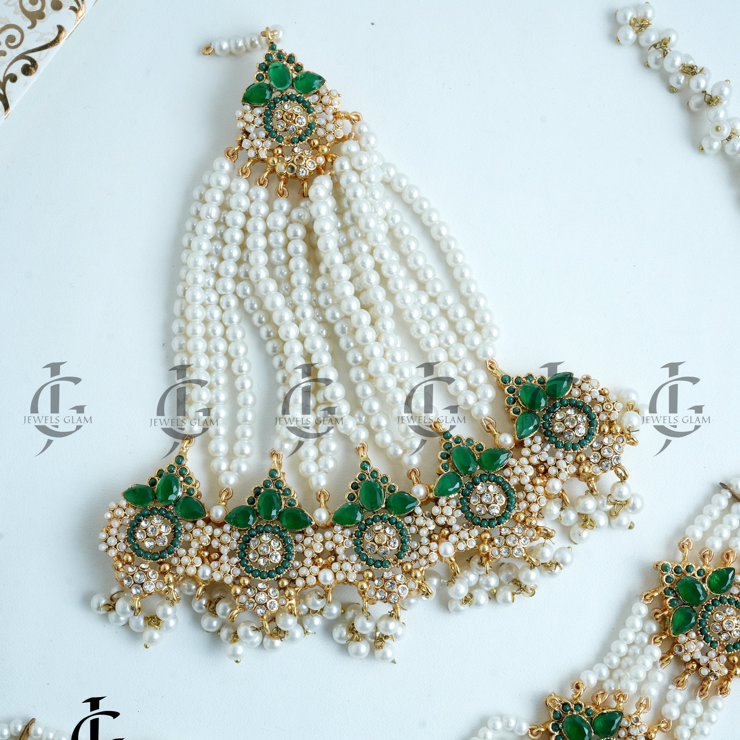 Exquisite Green & White Pearl Bridal Jewelry Set
