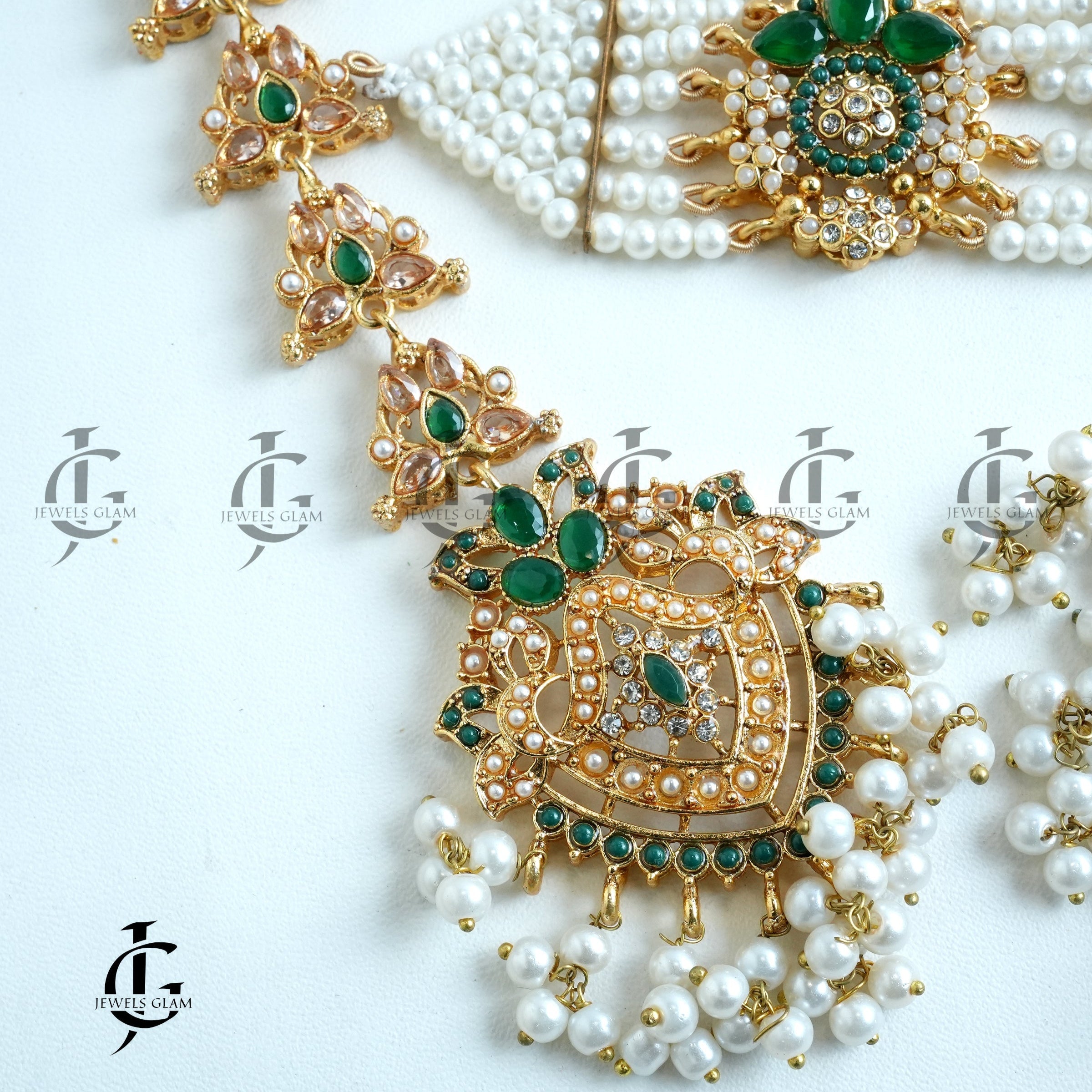 Exquisite Green & White Pearl Bridal Jewelry Set