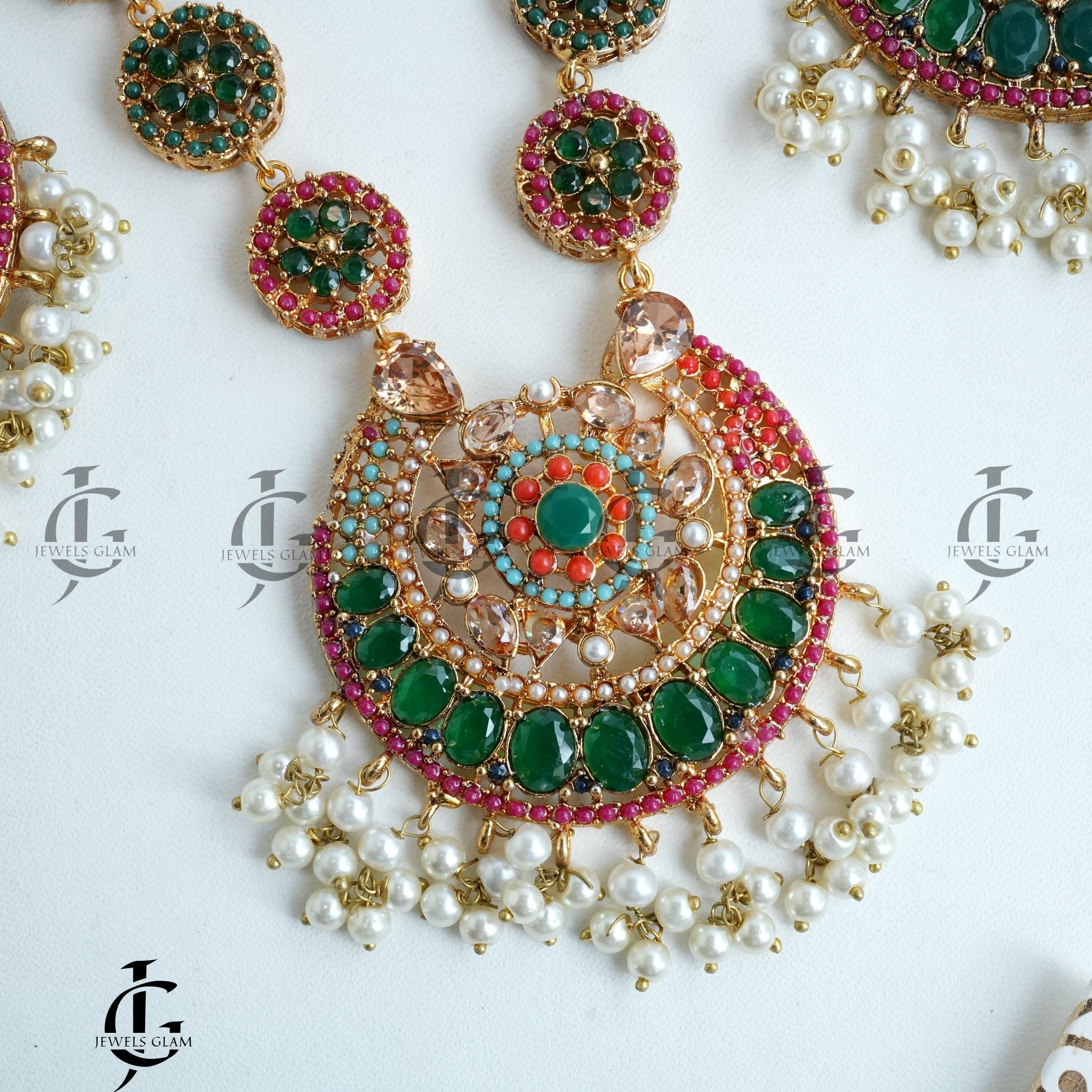 Regal Green and Red Kundan Pearl Mala Set