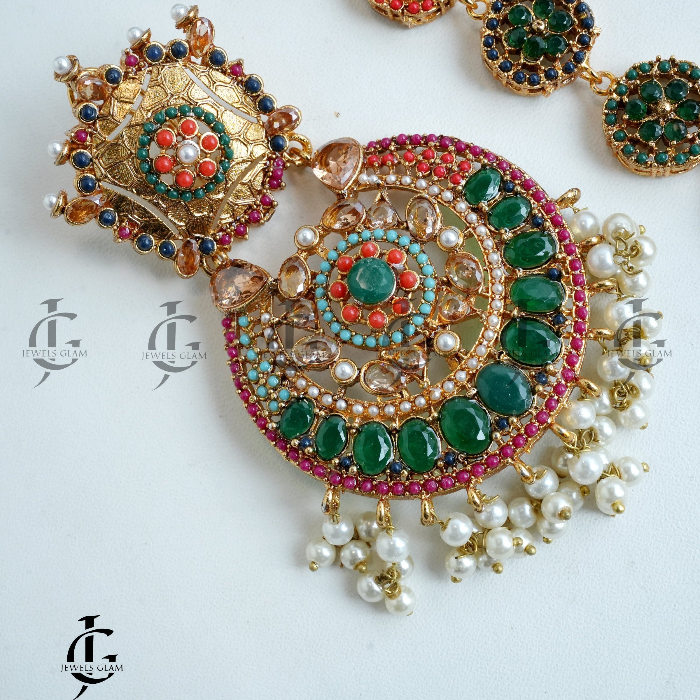 Regal Green and Red Kundan Pearl Mala Set