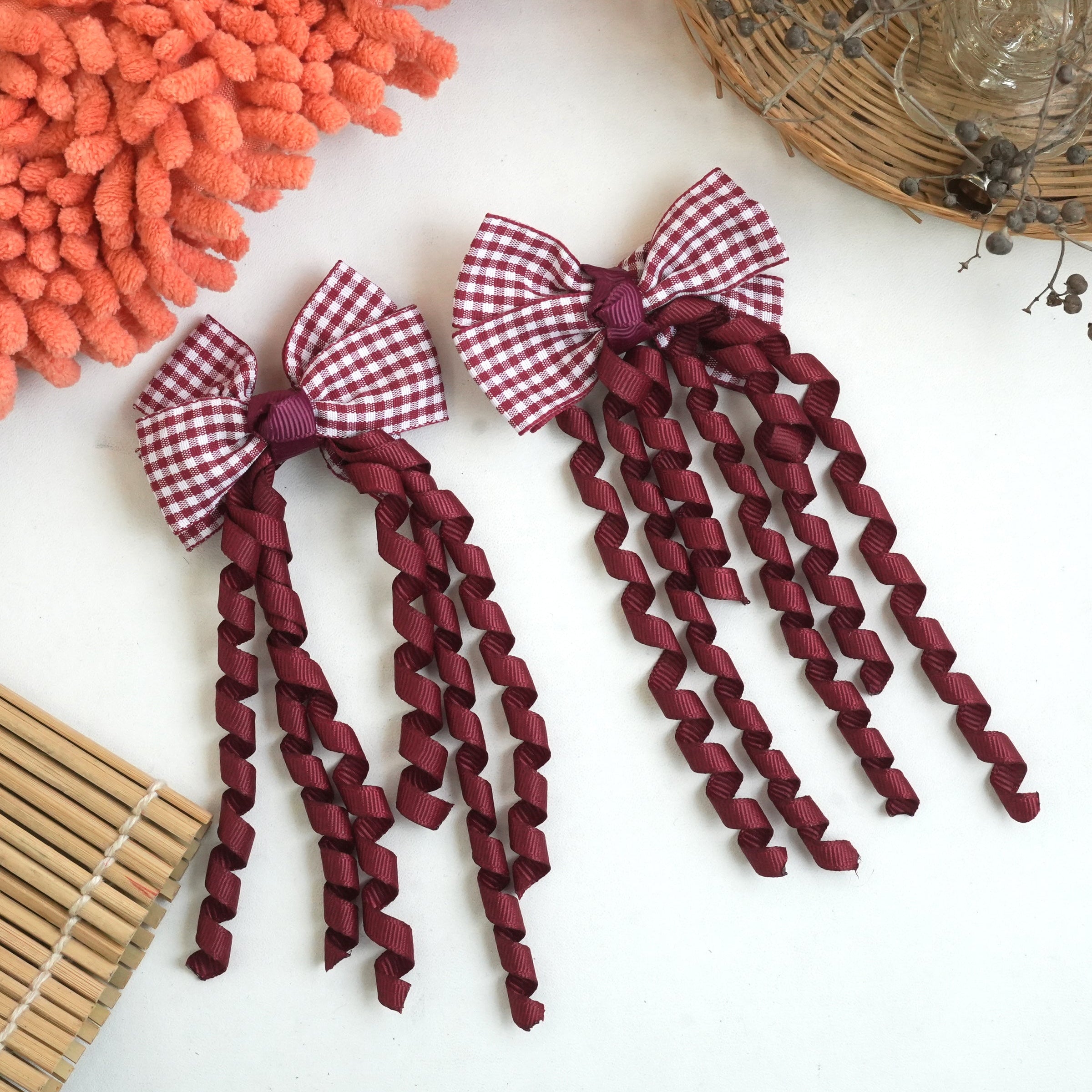 "Gingham Ribbon Bow Hair Clips – Vibrant Braided Collection" (pair)