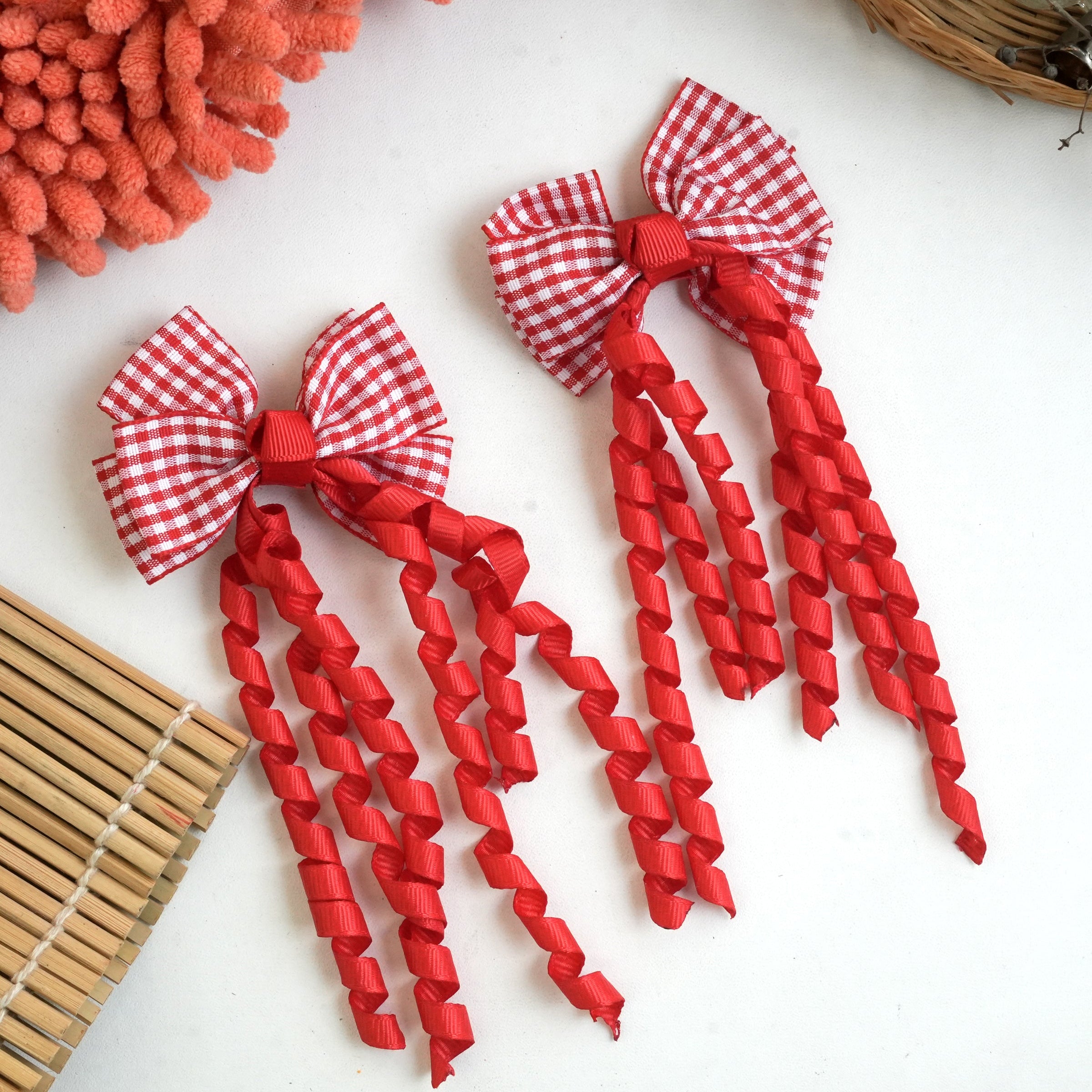 "Gingham Ribbon Bow Hair Clips – Vibrant Braided Collection" (pair)