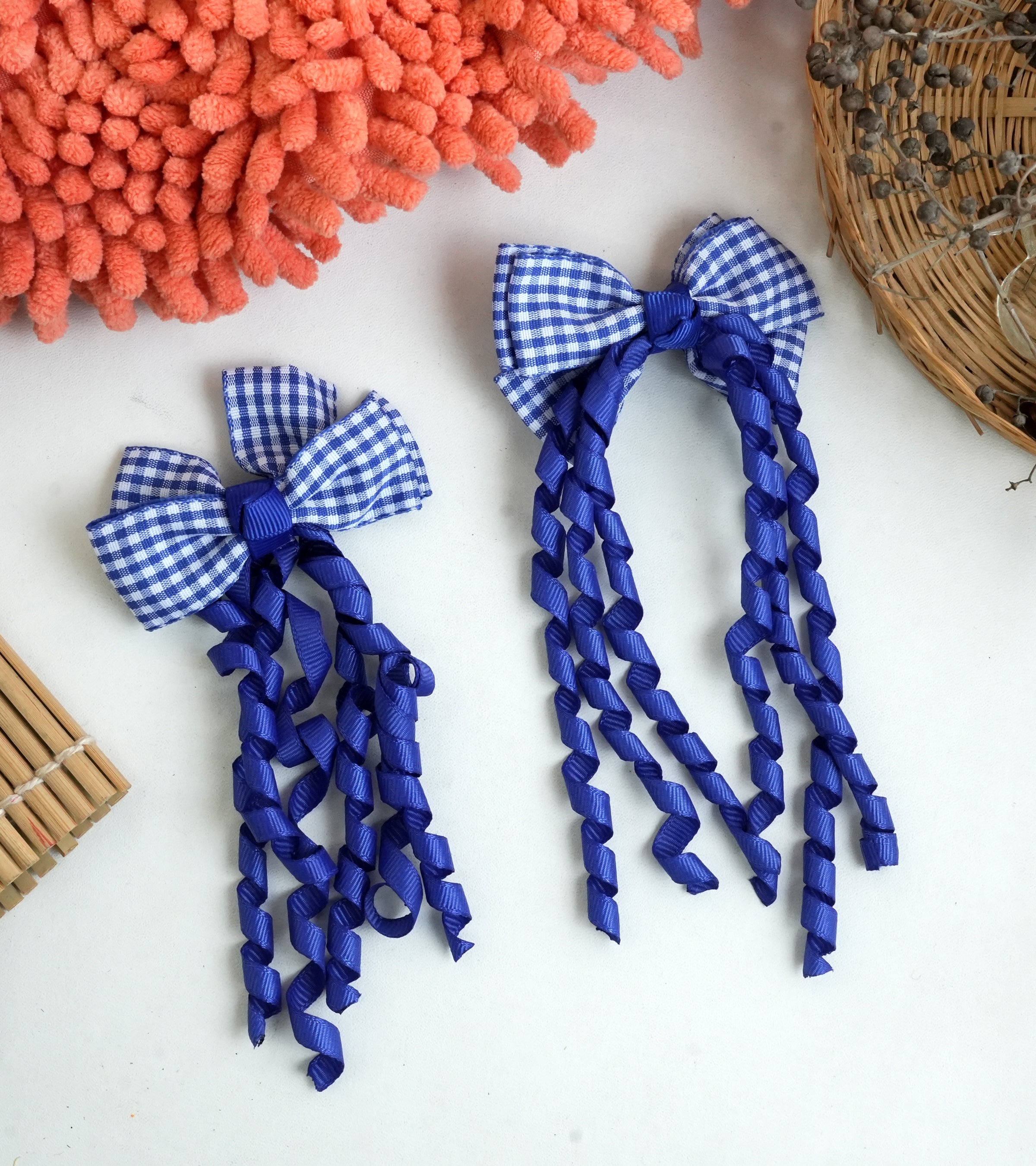 "Gingham Ribbon Bow Hair Clips – Vibrant Braided Collection" (pair)