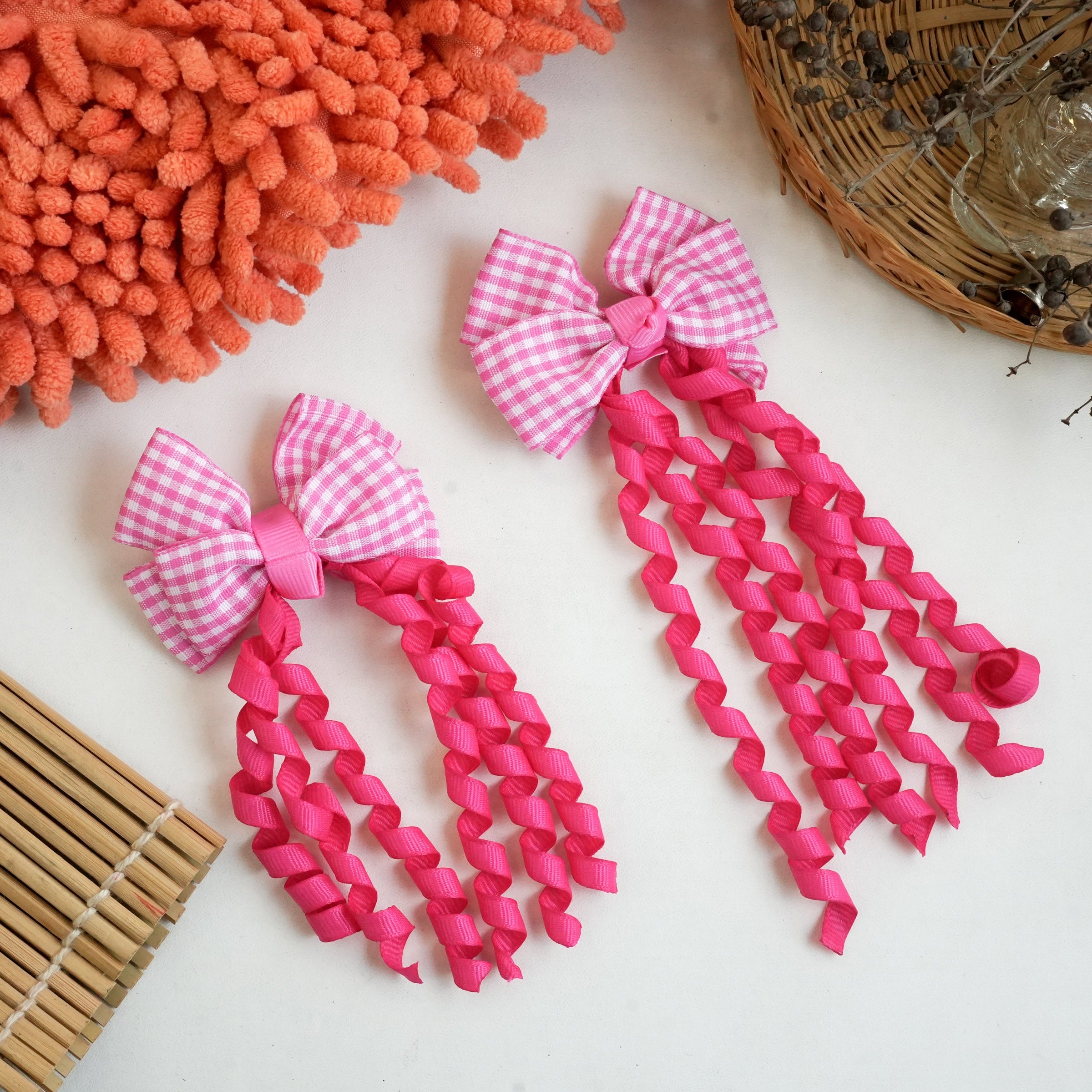 "Gingham Ribbon Bow Hair Clips – Vibrant Braided Collection" (pair)