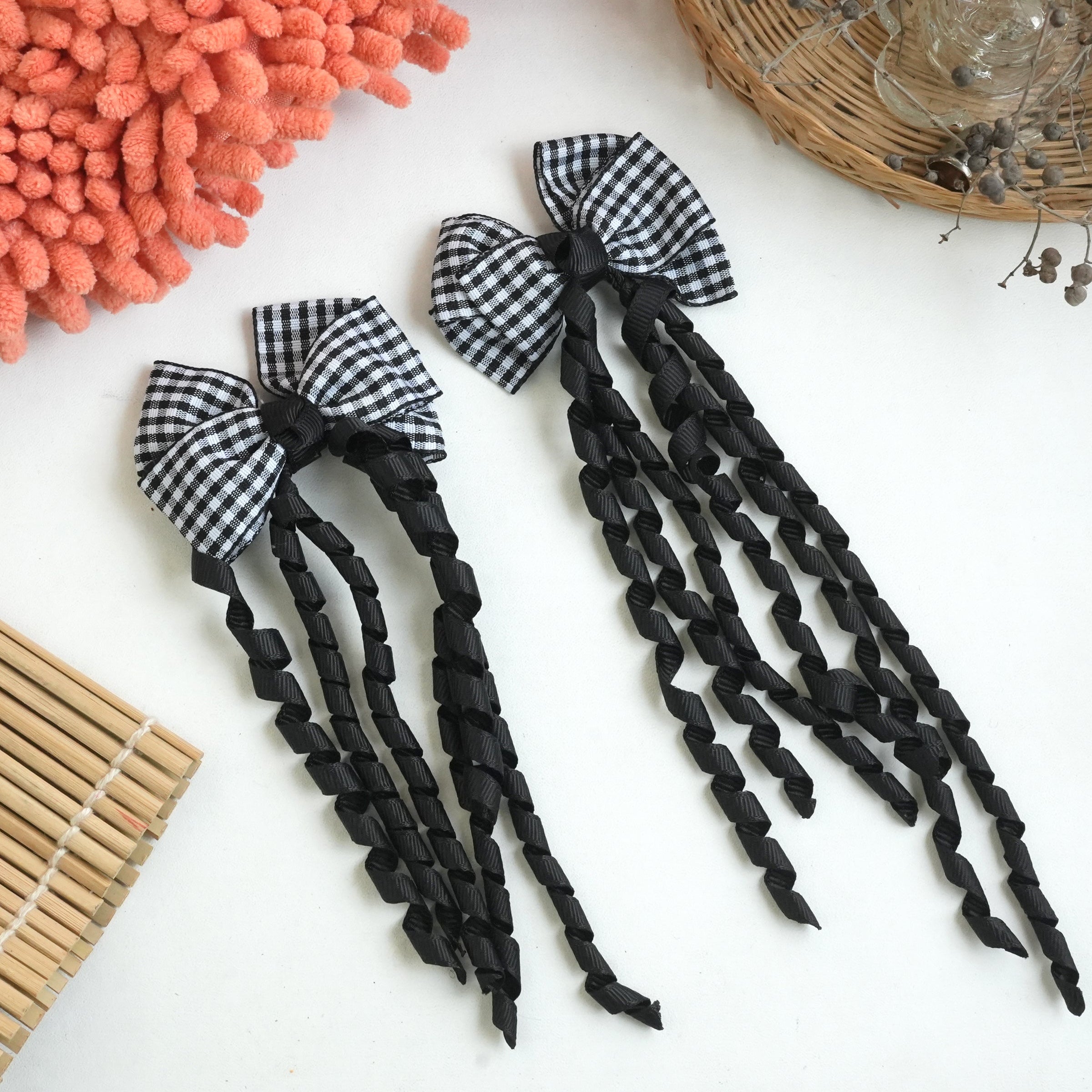 "Gingham Ribbon Bow Hair Clips – Vibrant Braided Collection" (pair)