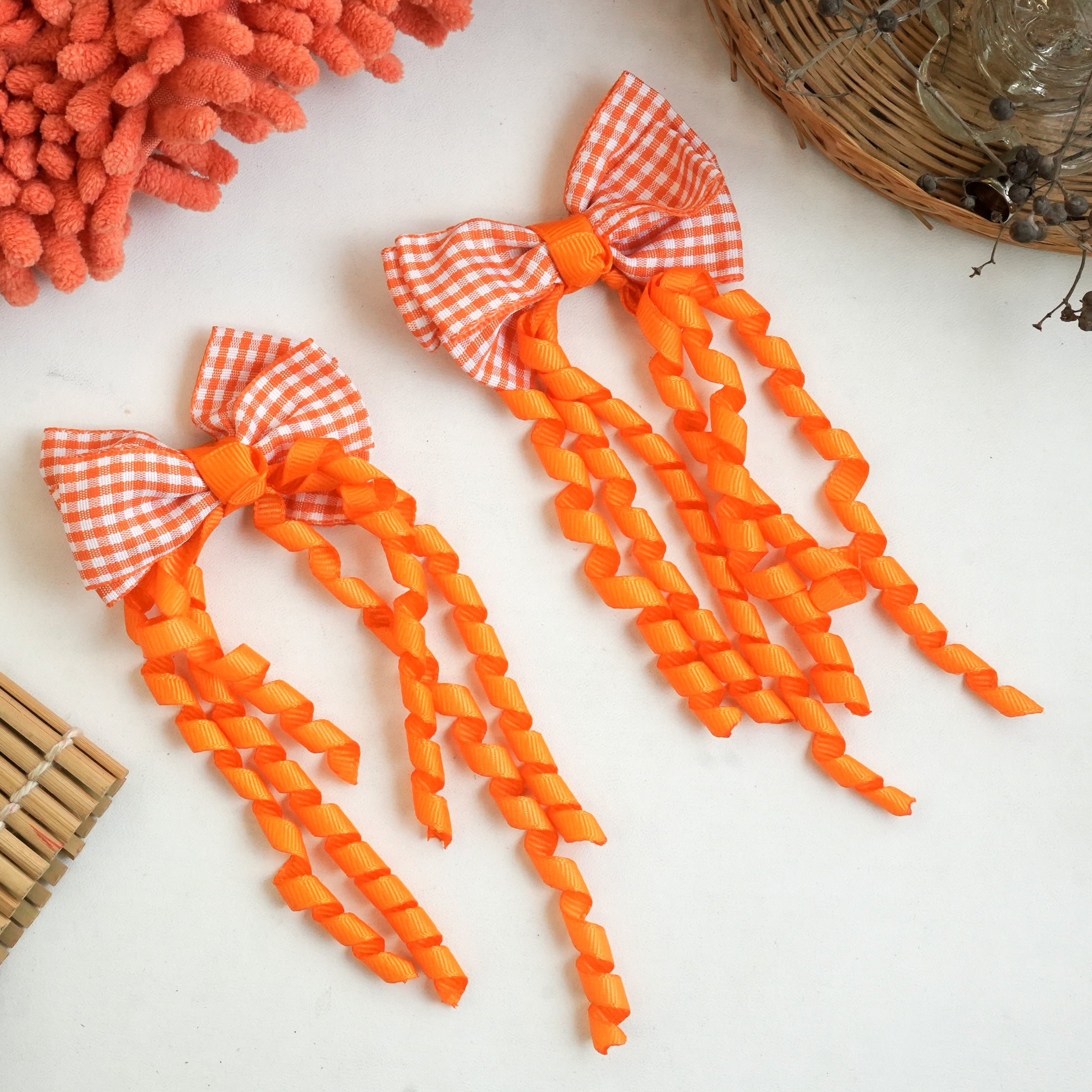 "Gingham Ribbon Bow Hair Clips – Vibrant Braided Collection" (pair)