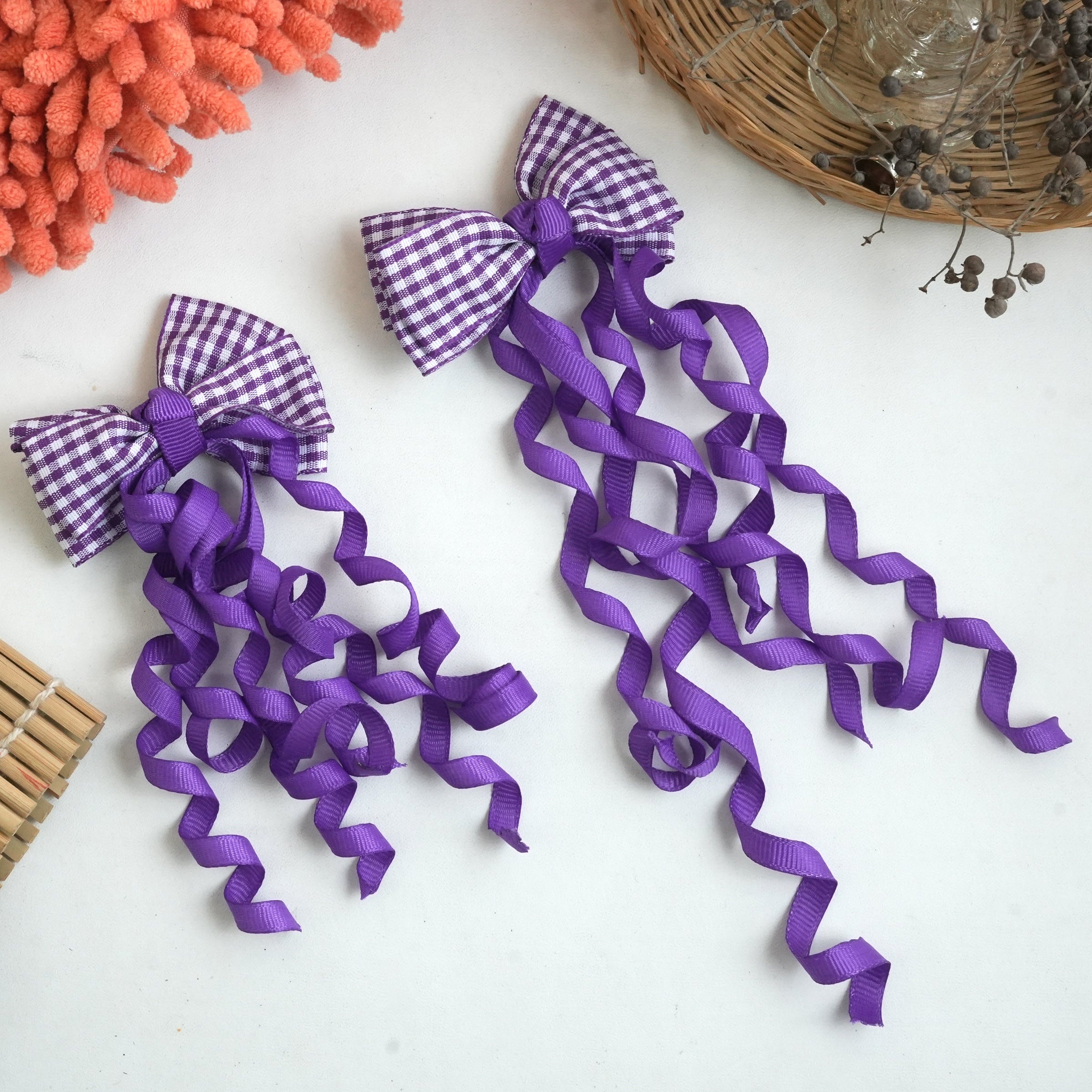 "Gingham Ribbon Bow Hair Clips – Vibrant Braided Collection" (pair)