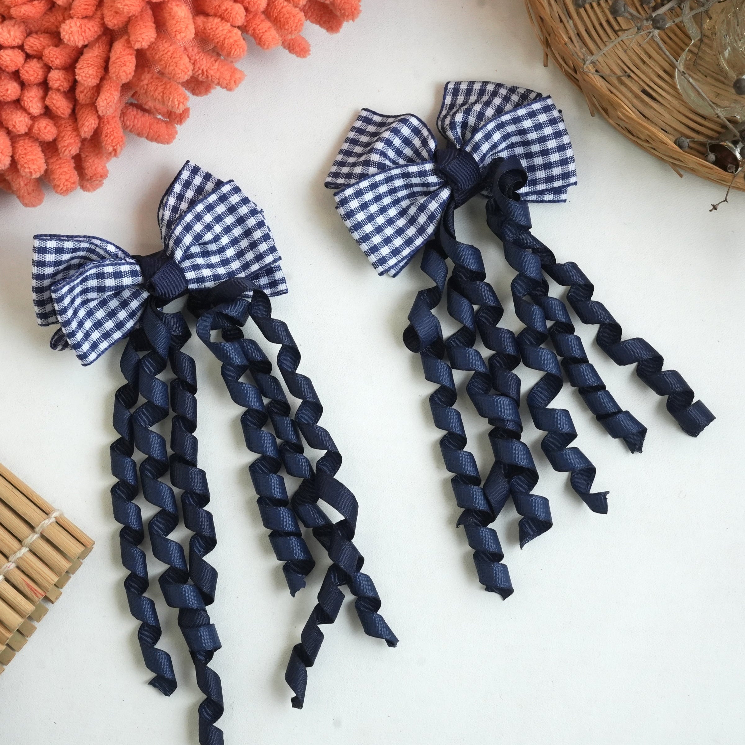 "Gingham Ribbon Bow Hair Clips – Vibrant Braided Collection" (pair)