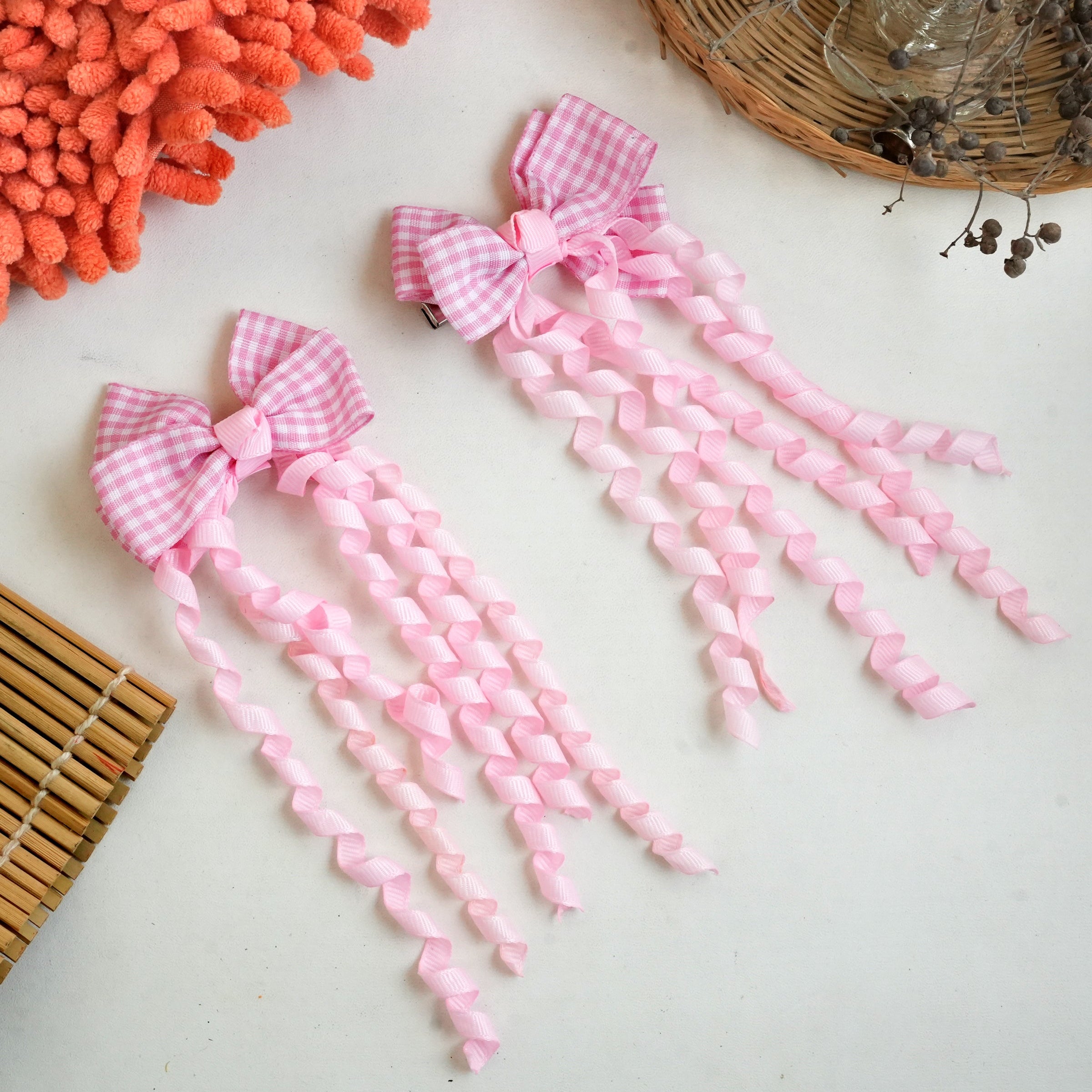 "Gingham Ribbon Bow Hair Clips – Vibrant Braided Collection" (pair)