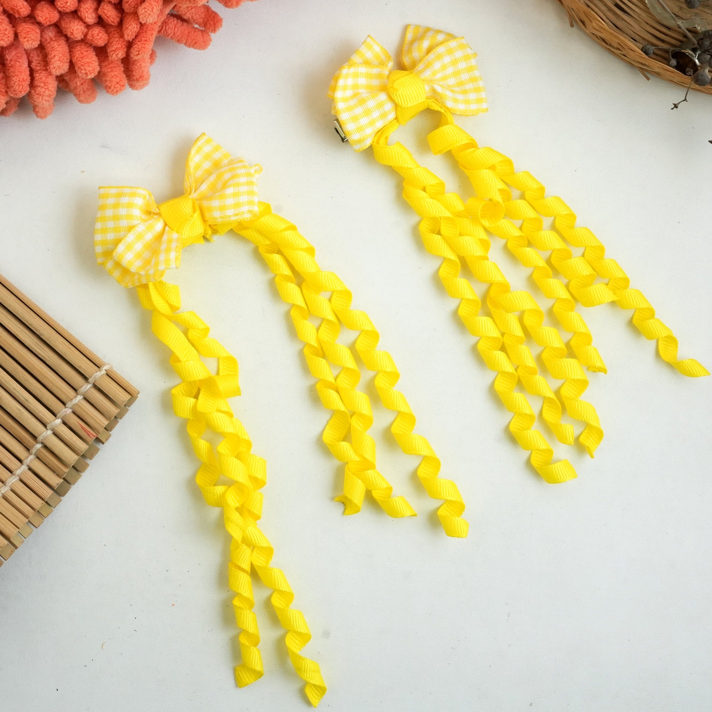 "Gingham Ribbon Bow Hair Clips – Vibrant Braided Collection" (pair)