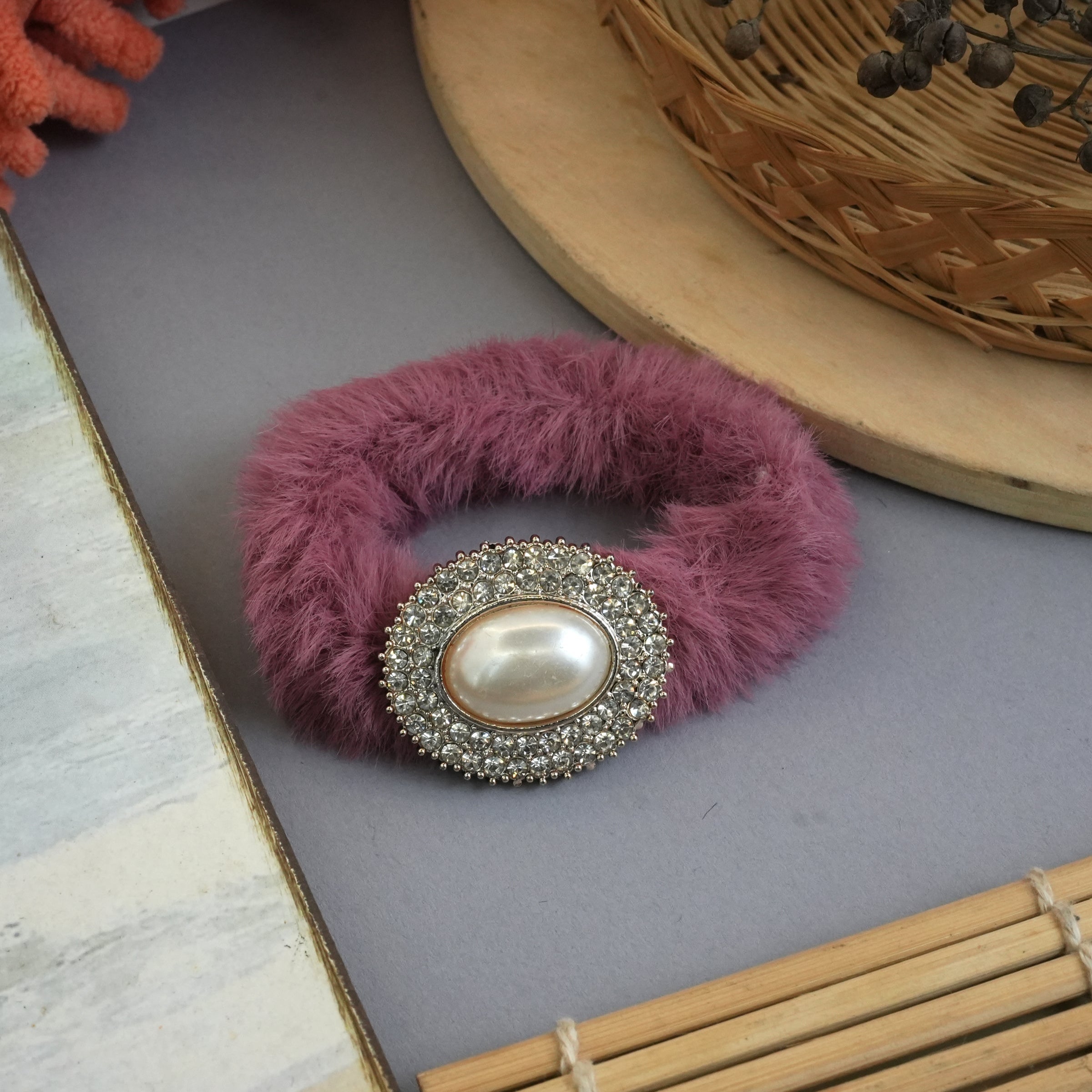 Luxurious Fuzzy Hair Ties with Pearl and Rhinestone Embellishments