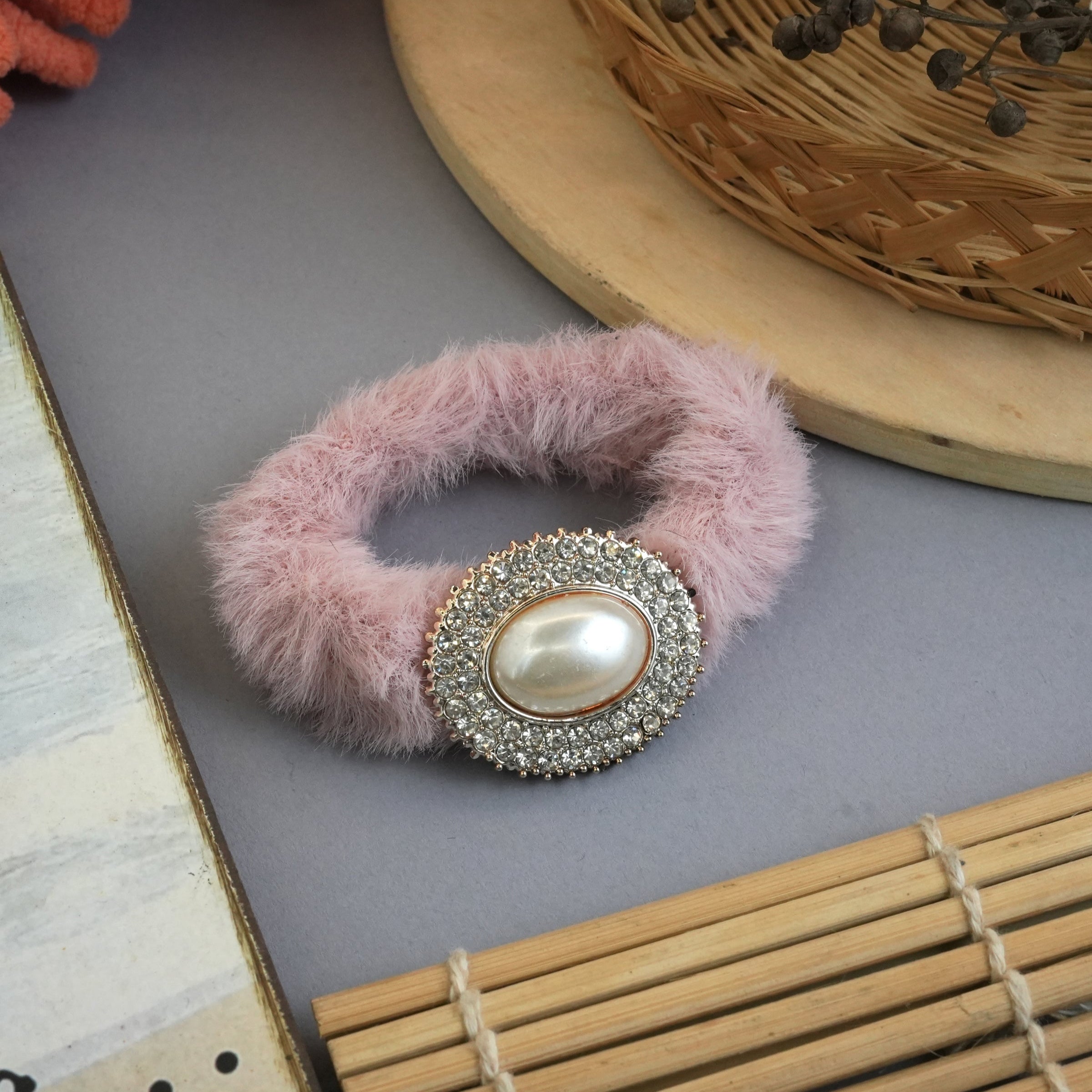Luxurious Fuzzy Hair Ties with Pearl and Rhinestone Embellishments