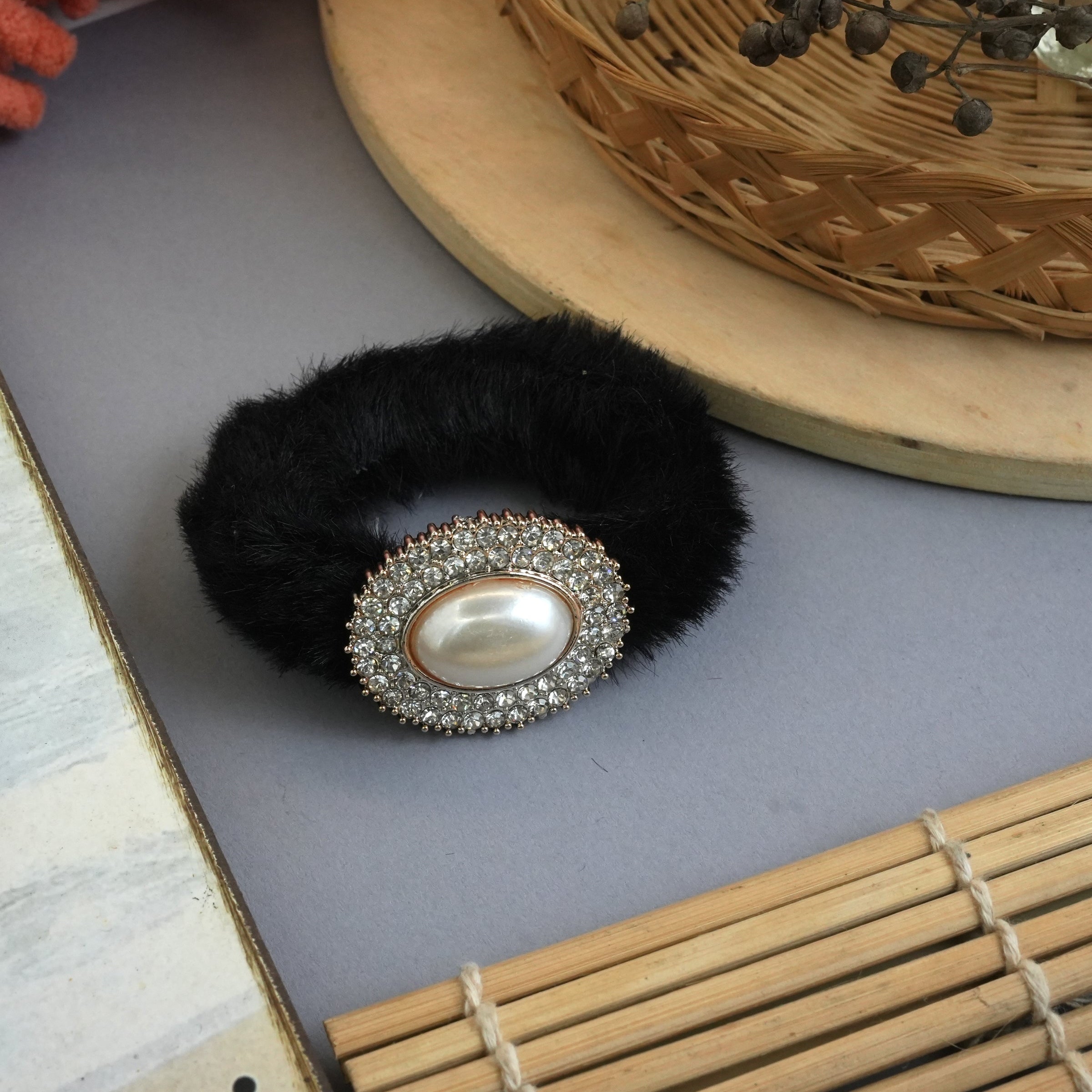 Luxurious Fuzzy Hair Ties with Pearl and Rhinestone Embellishments