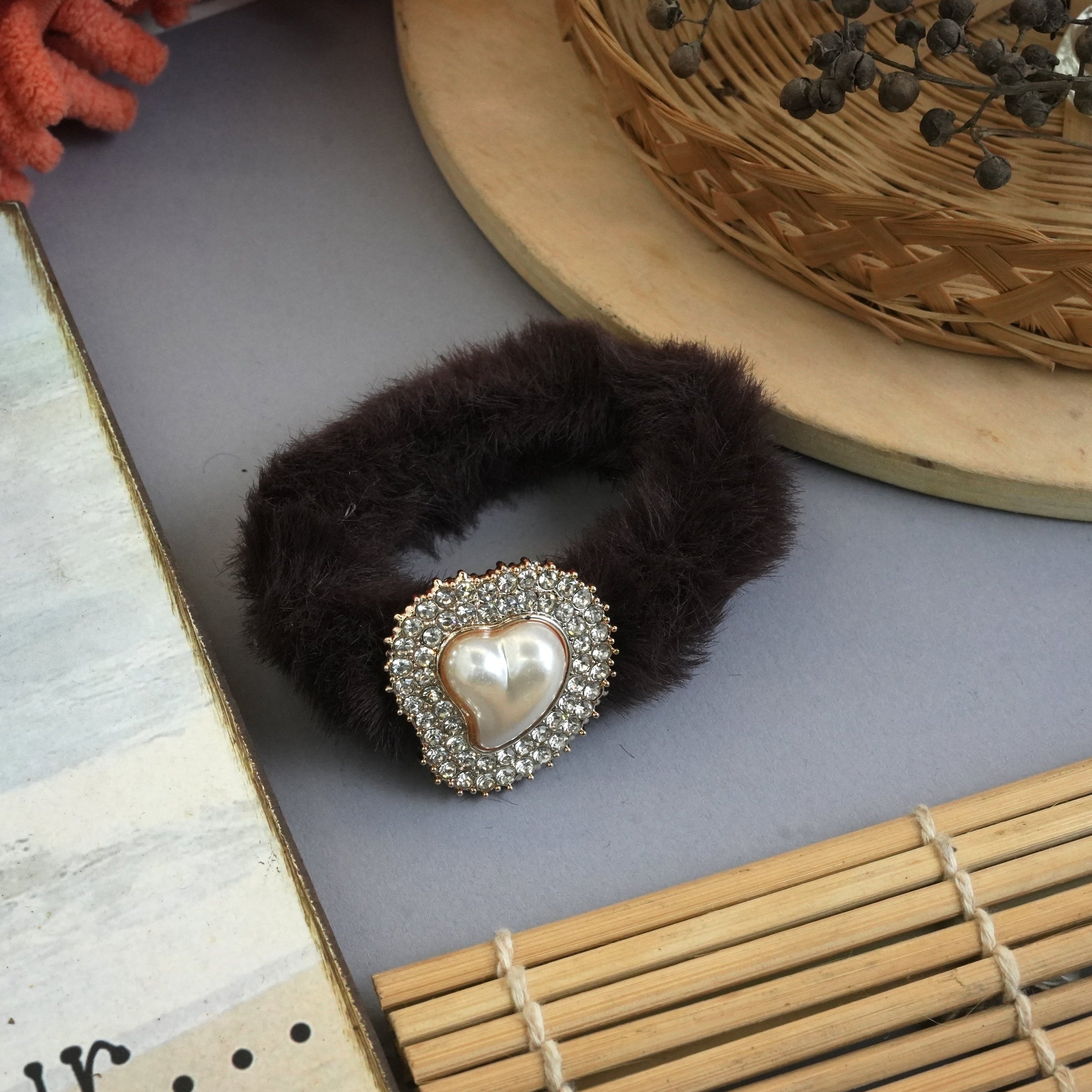 Luxurious Fuzzy Hair Ties with Pearl and Rhinestone Embellishments