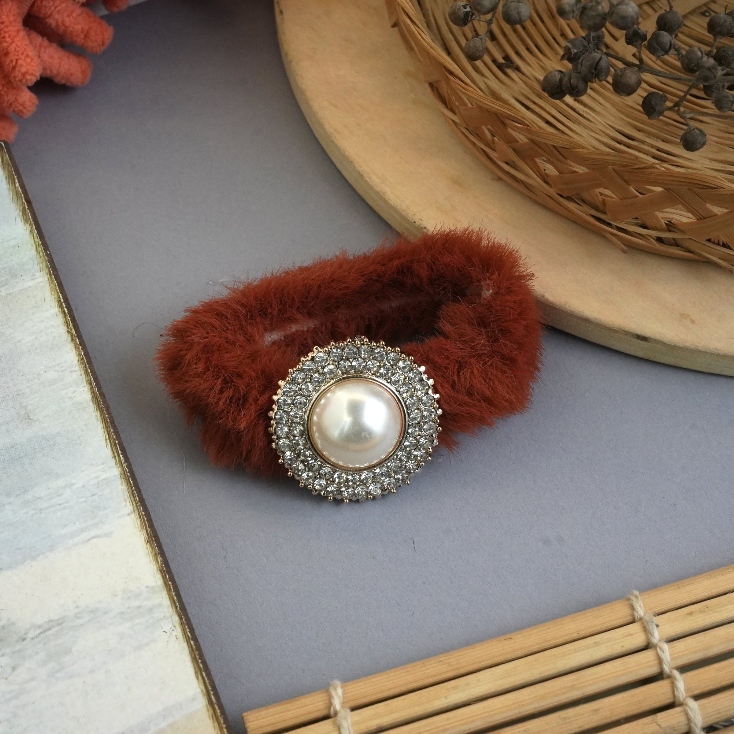Luxurious Fuzzy Hair Ties with Pearl and Rhinestone Embellishments