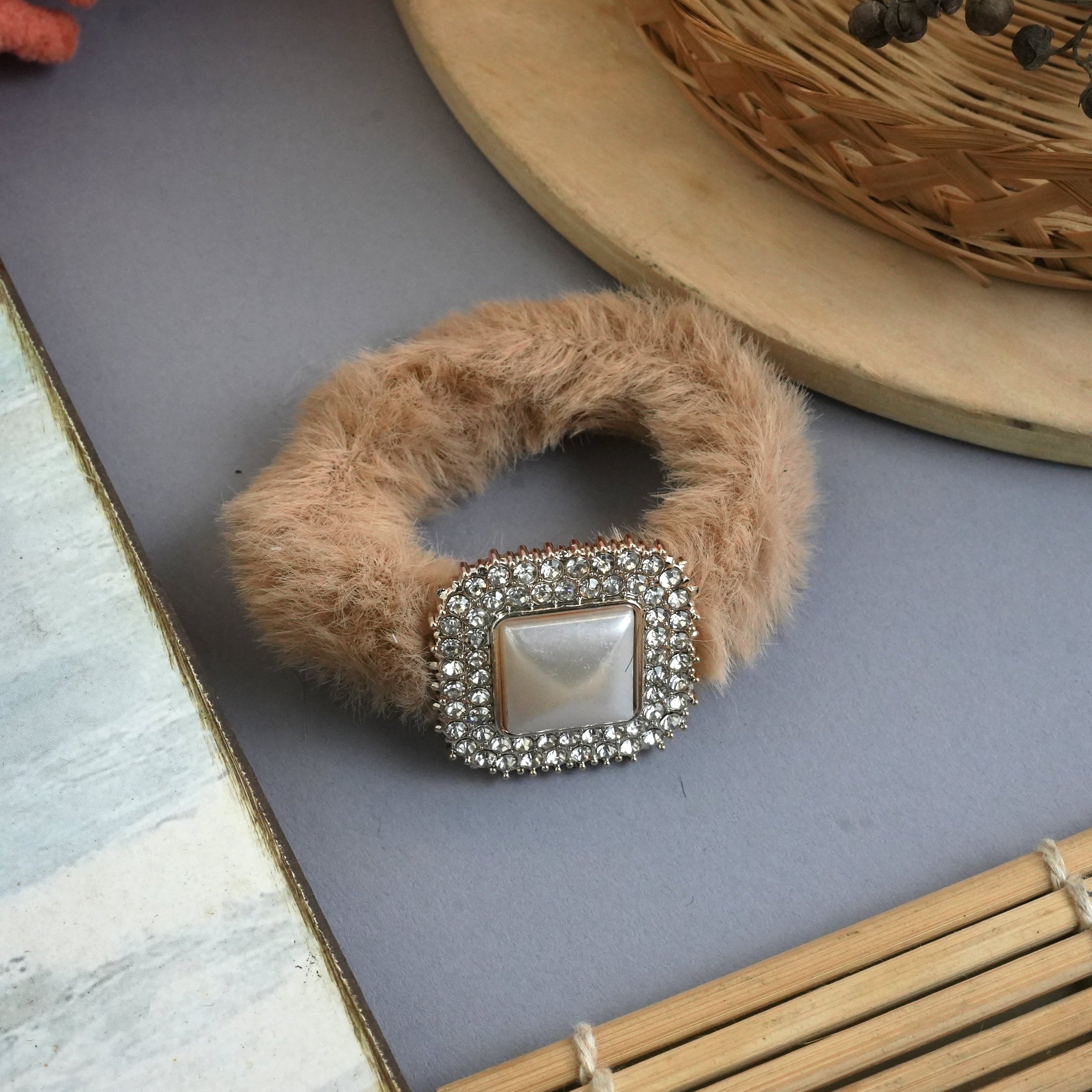Luxurious Fuzzy Hair Ties with Pearl and Rhinestone Embellishments