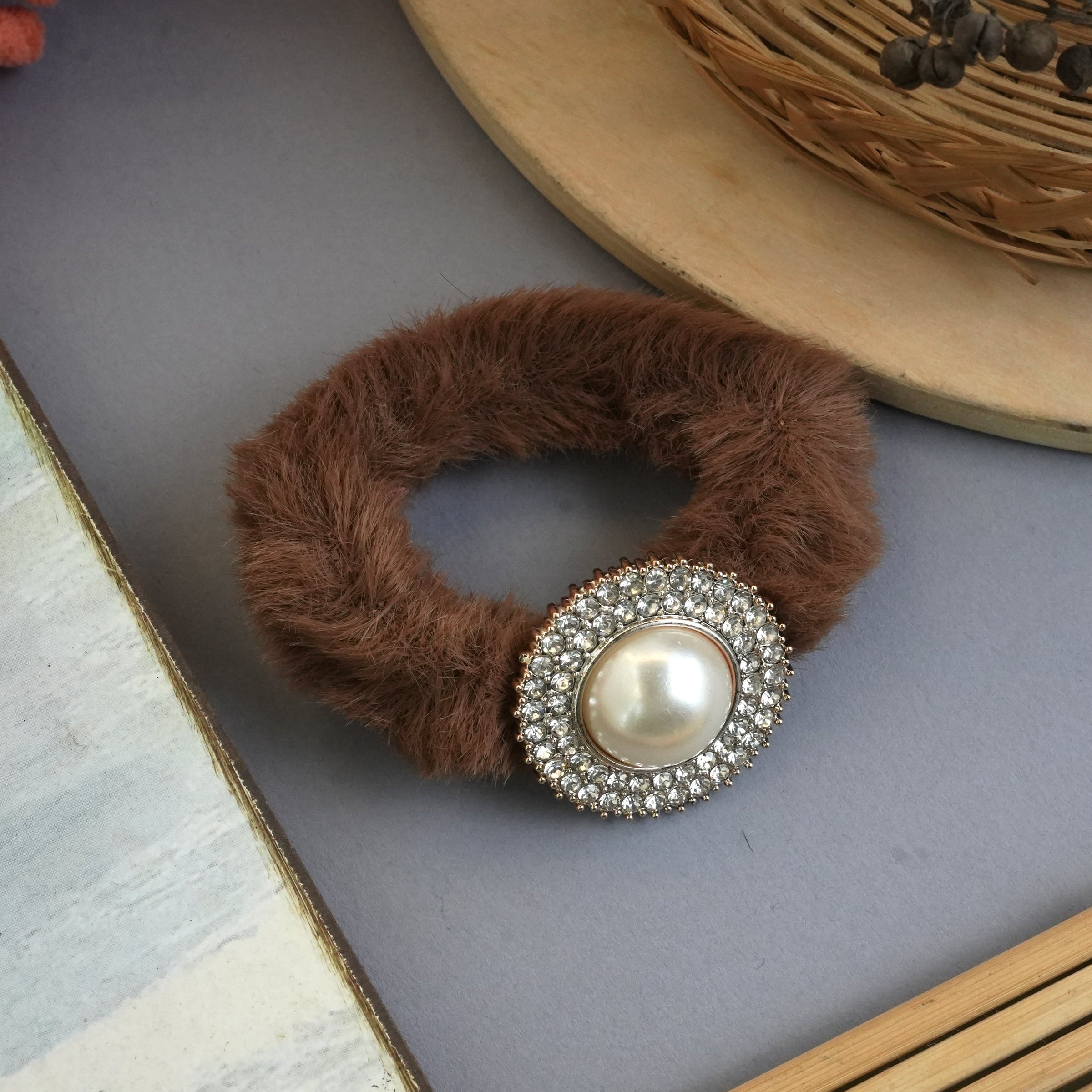 Luxurious Fuzzy Hair Ties with Pearl and Rhinestone Embellishments