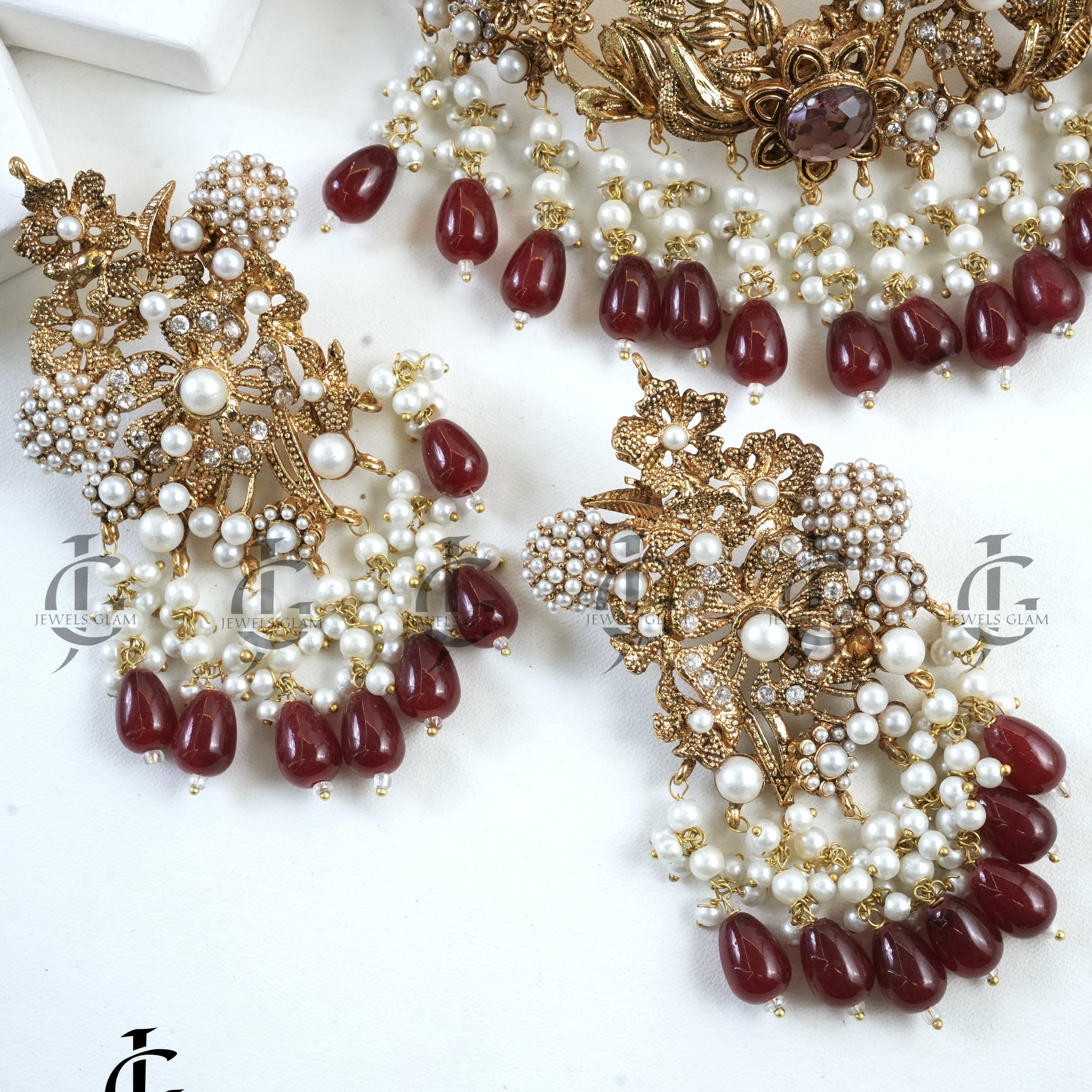 Matte Gold Turkish Collar Set With Deep Red and Pearl Accents