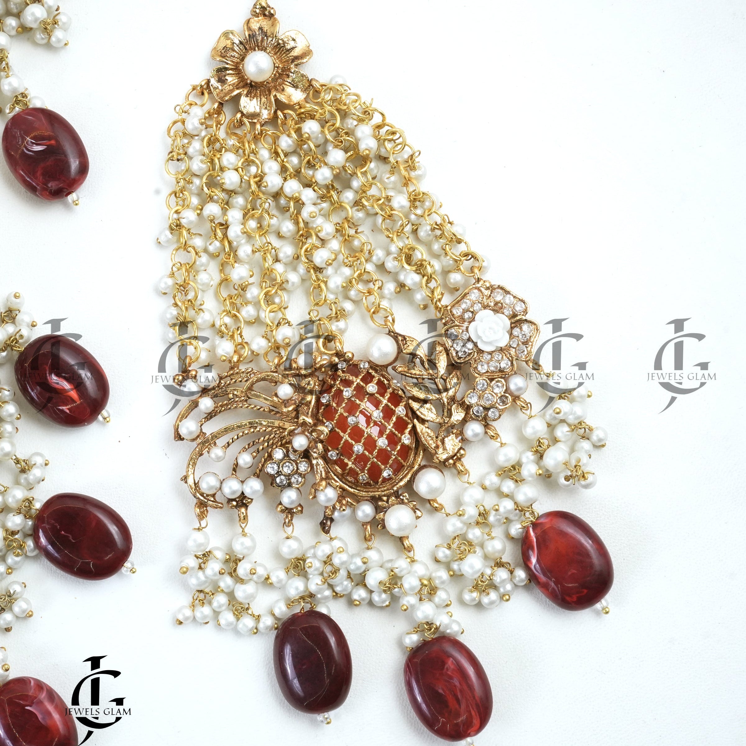 Matte Gold Turkish Collar Set With Deep Red and Pearl Accents