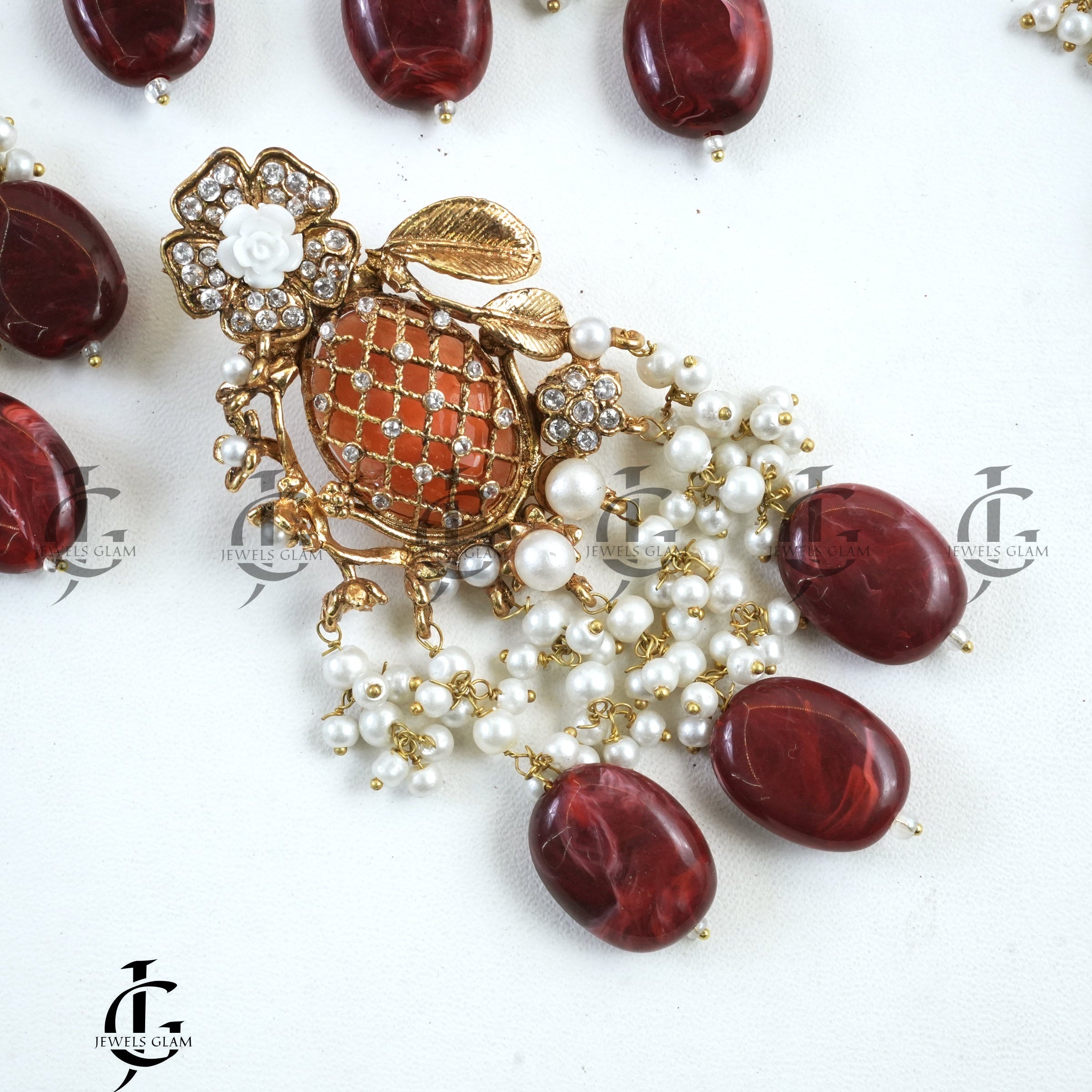 Matte Gold Turkish Collar Set With Deep Red and Pearl Accents