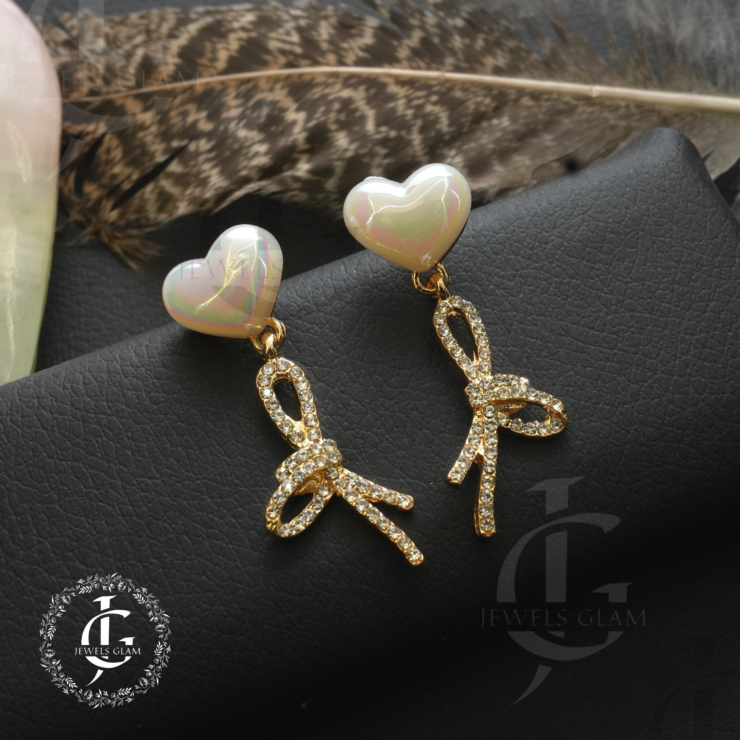 Pearl Heart & Crystal Bow Drop Earrings