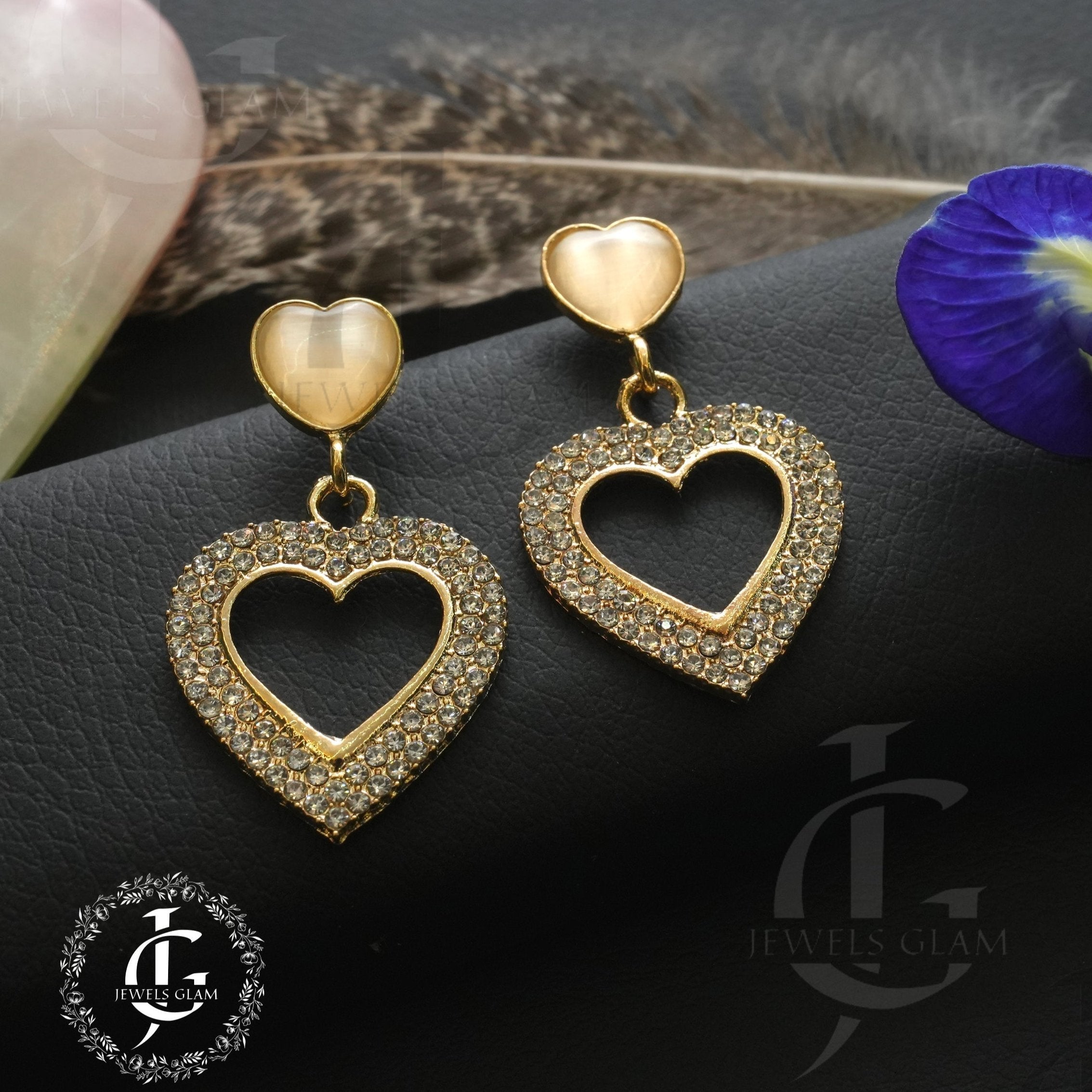 Golden Crystal Heart Drop Earrings