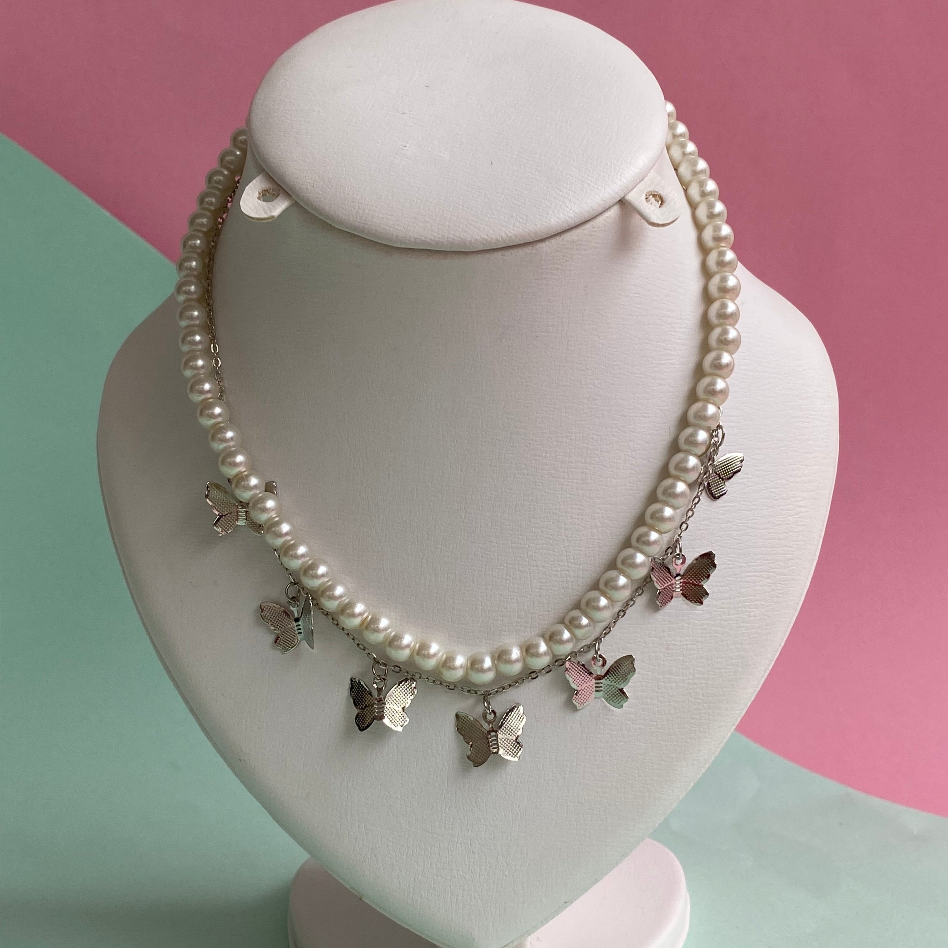 Dual-Layered Pearl and Butterfly Charm Necklace
