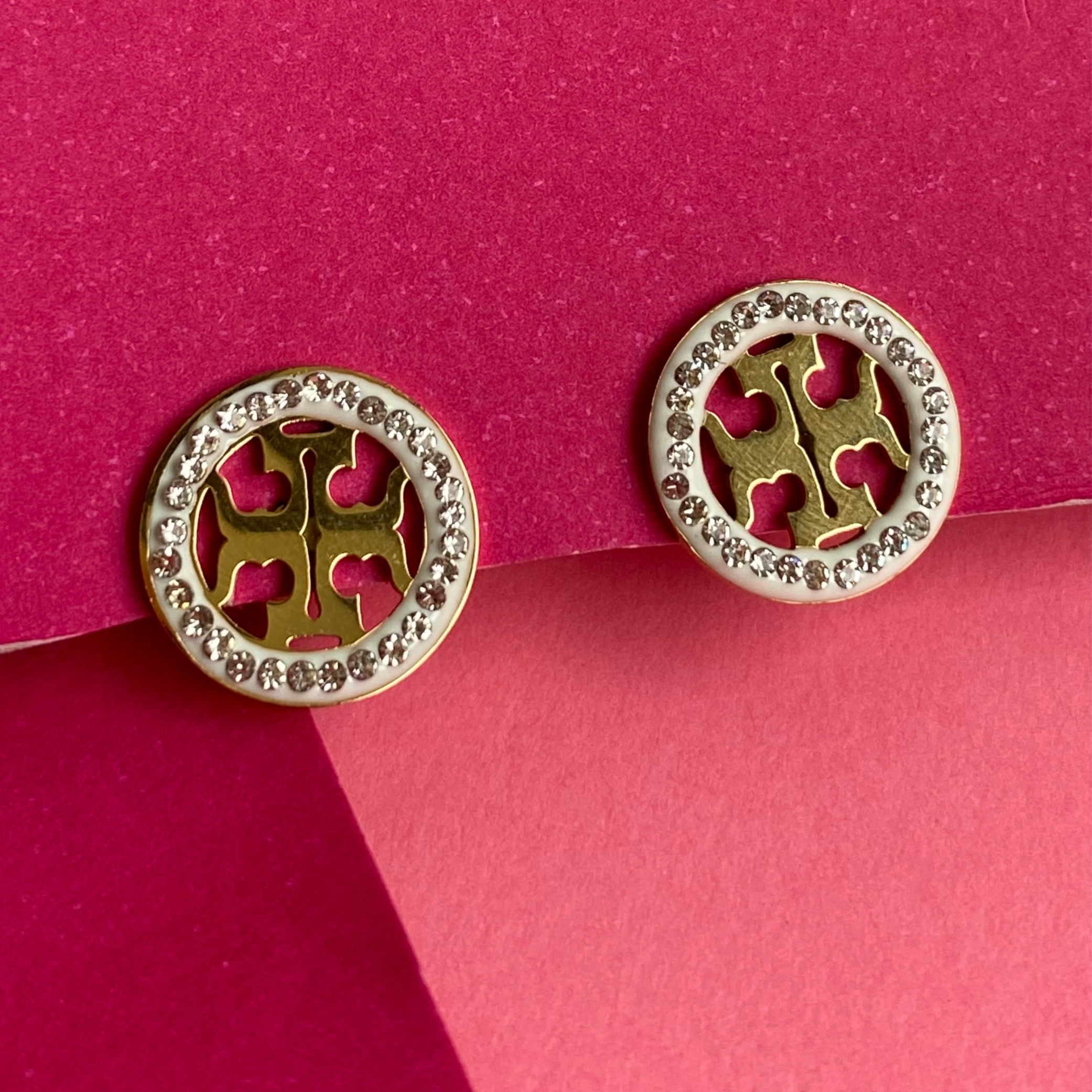 Luxe Gold Emblem Crystal Stud Earrings