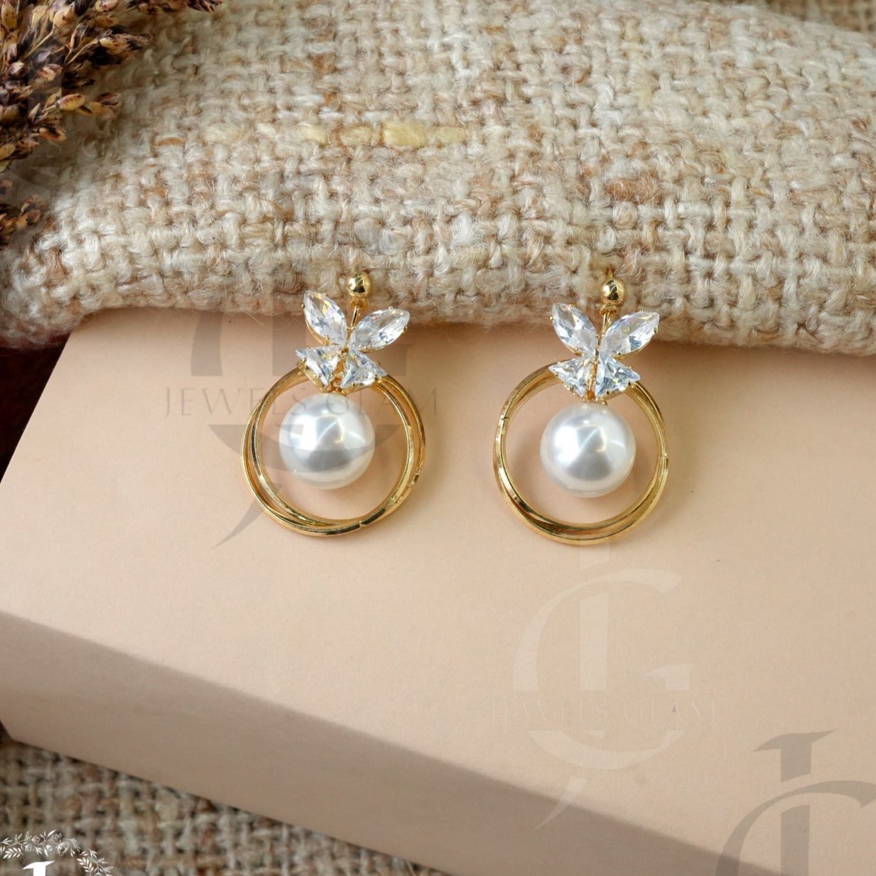 Golden Pearl Hoop Earrings with Crystal Accent