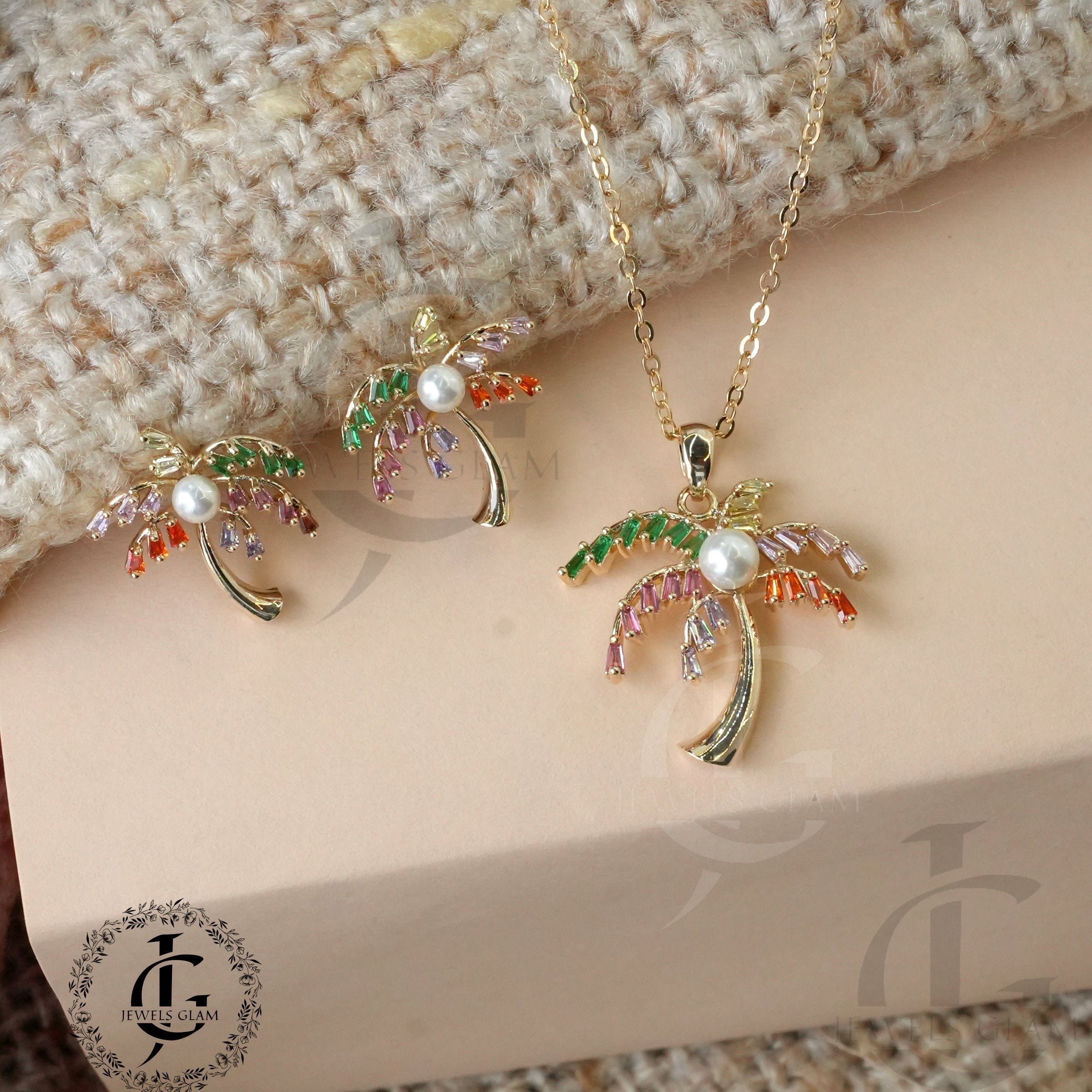 Tropical Elegance Pearl Palm Tree Jewelry Set