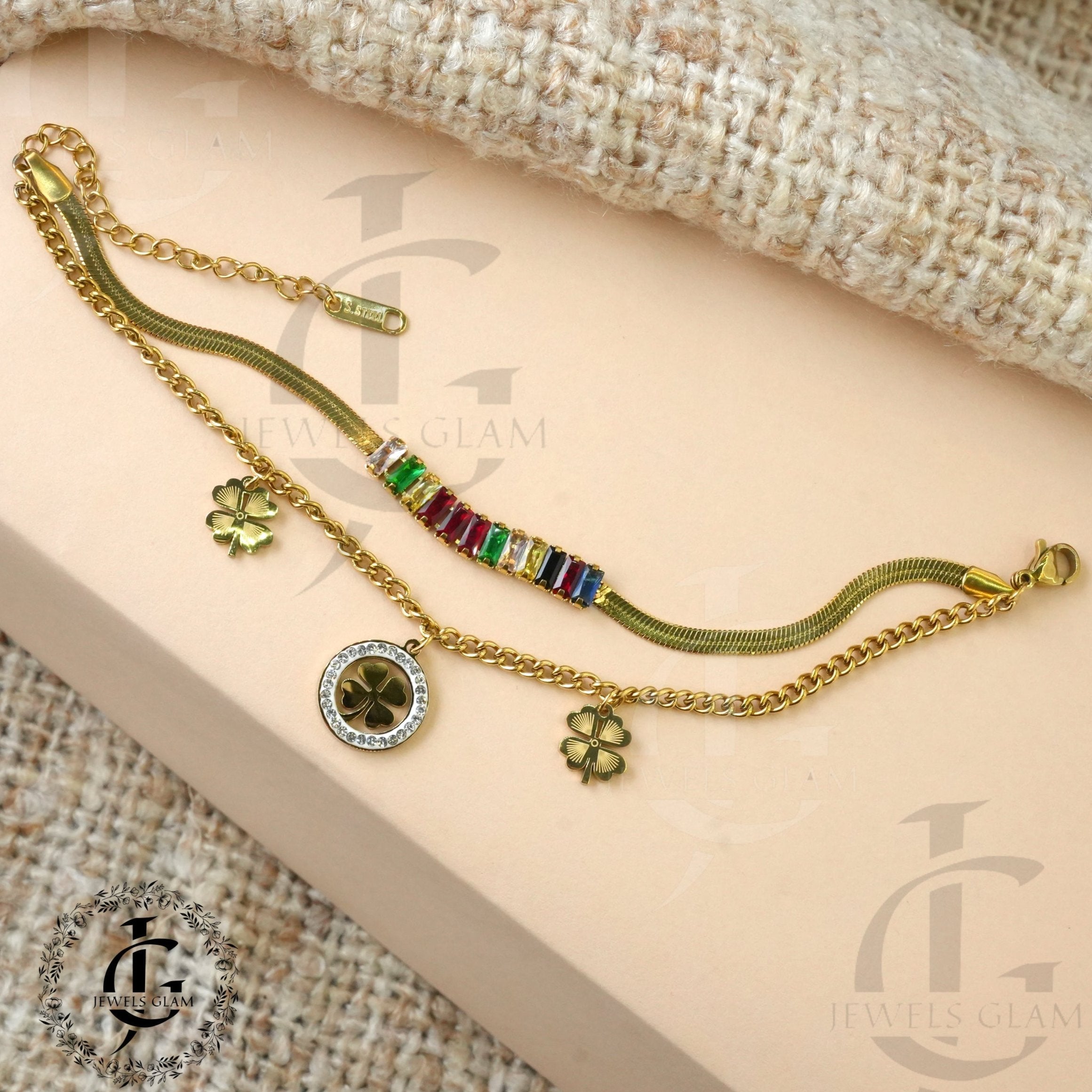Gold Clover Charm Bracelet With Multi Colored Crystals