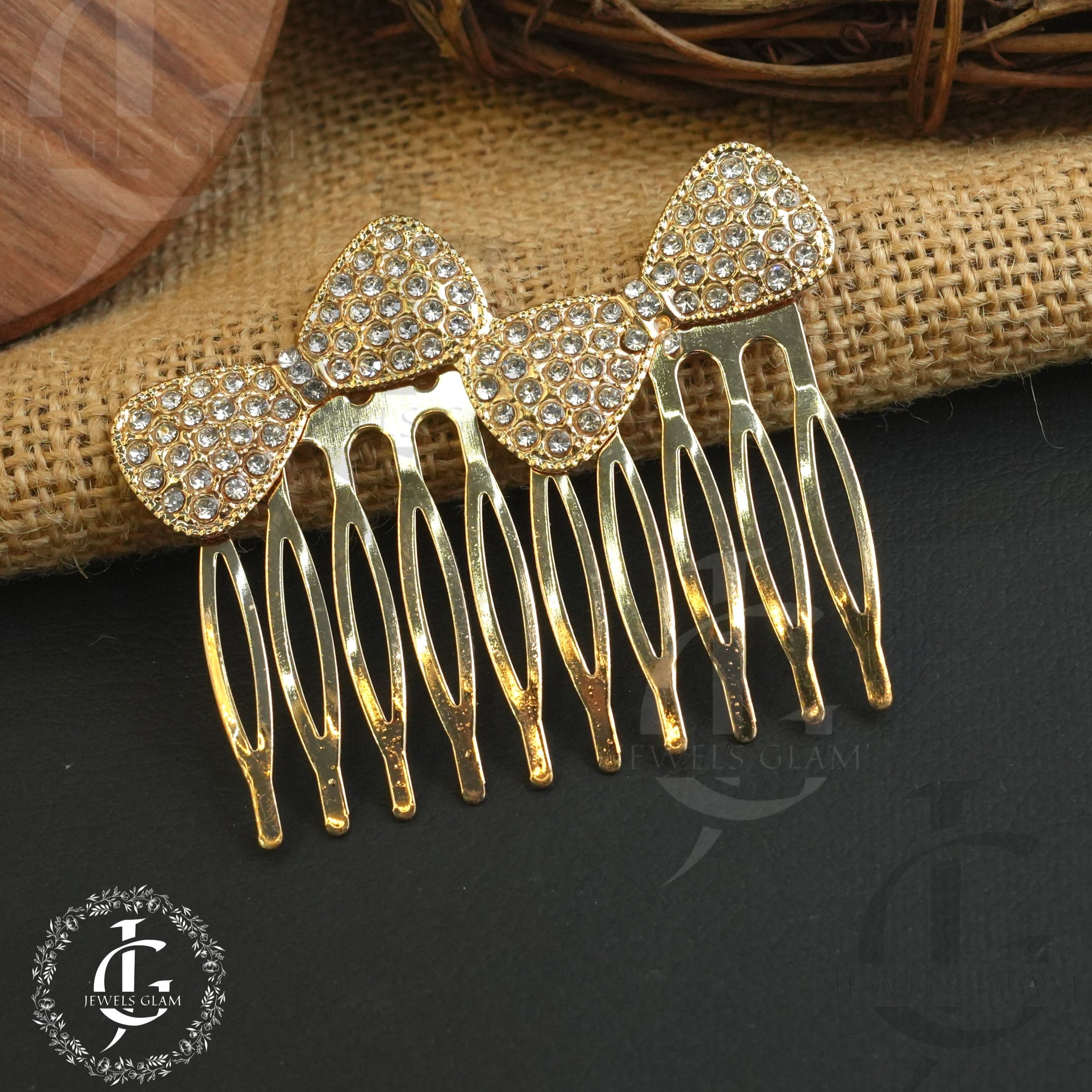 double Bow Gold Hair Comb with Crystal accents