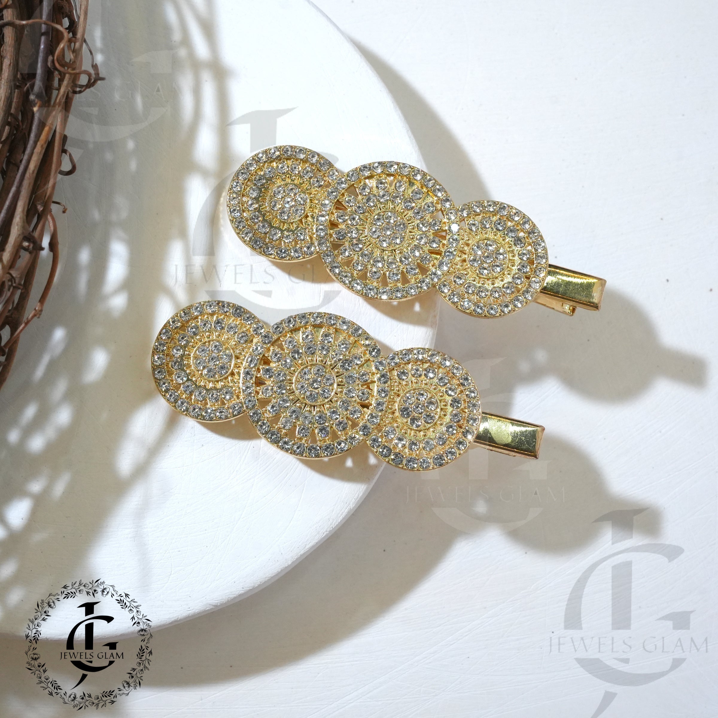 Gold Rhinestone Metal Hair Pins Pair