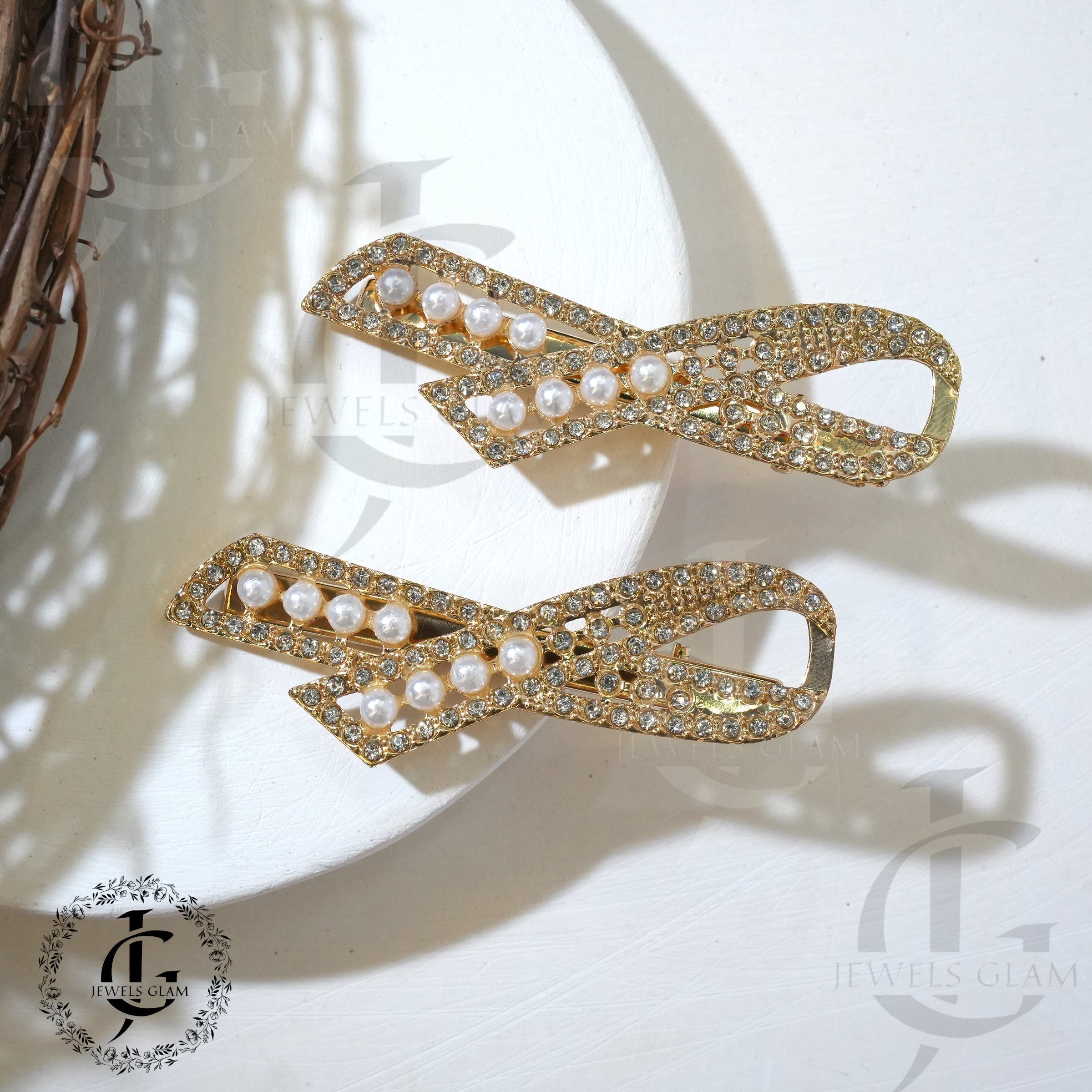 Gold Rhinestone Metal Hair Pins Pair