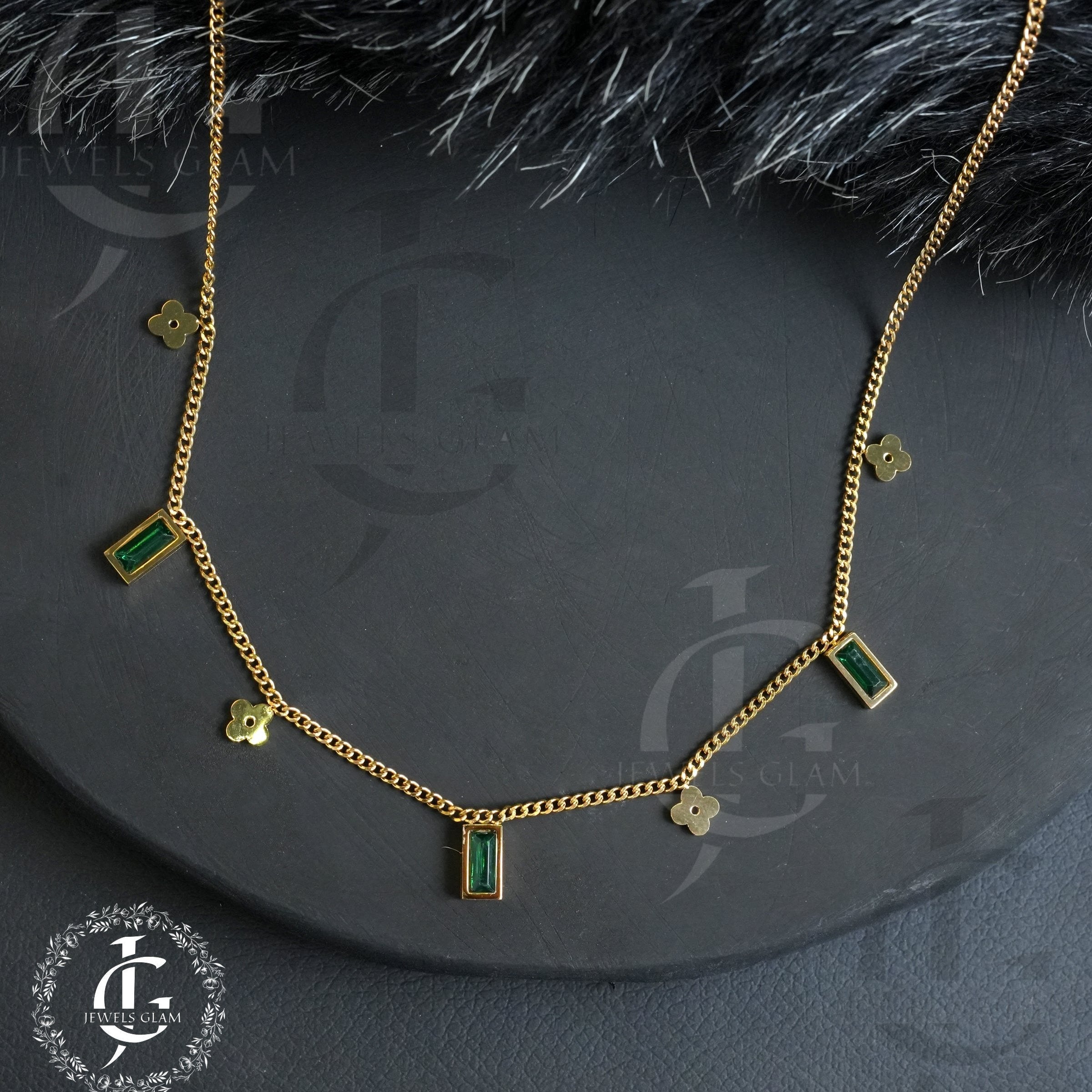 Geometric Charm Necklace with Green Emerald Accents