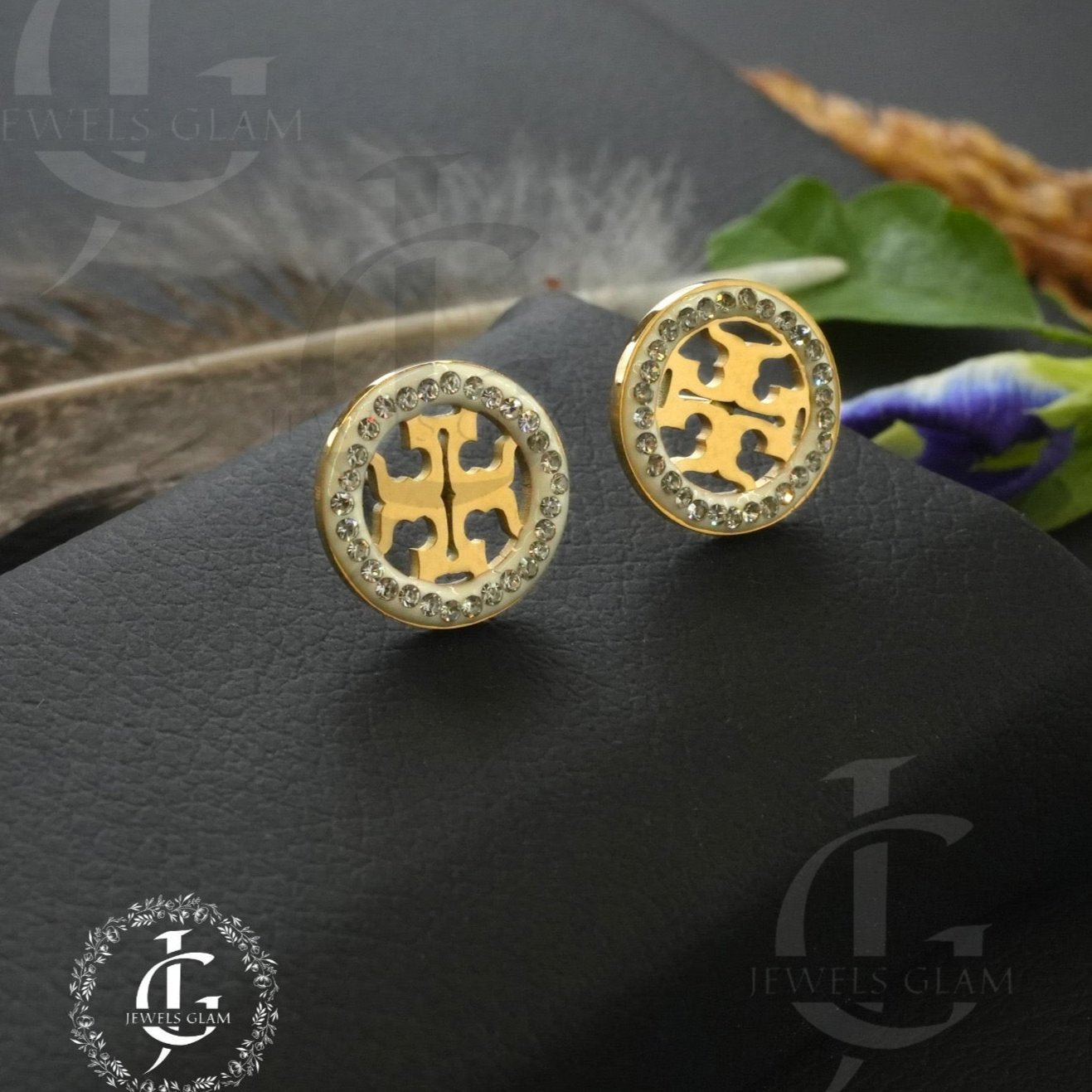 Luxe Gold Emblem Crystal Stud Earrings