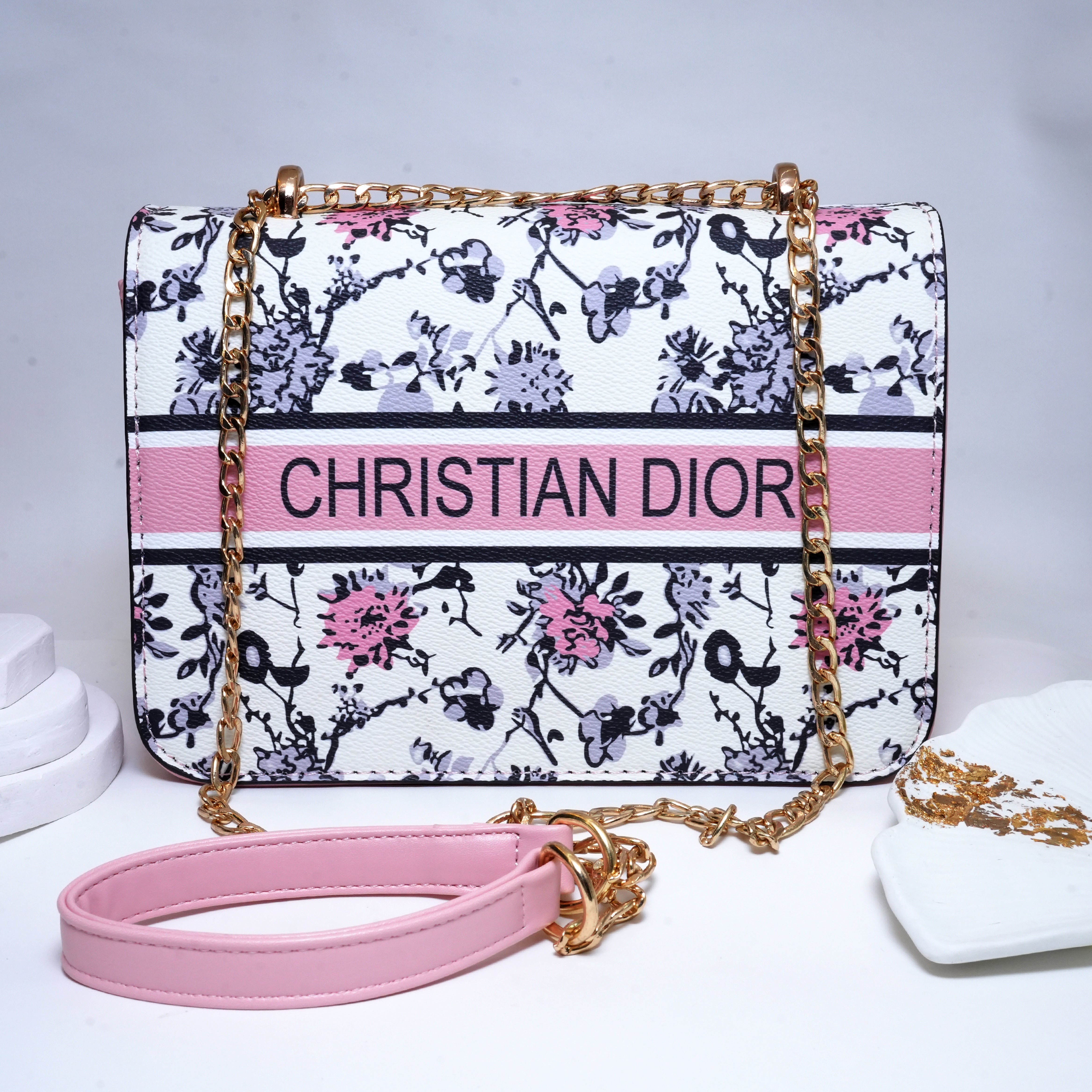 Pink & White Printed Crossbody Bag