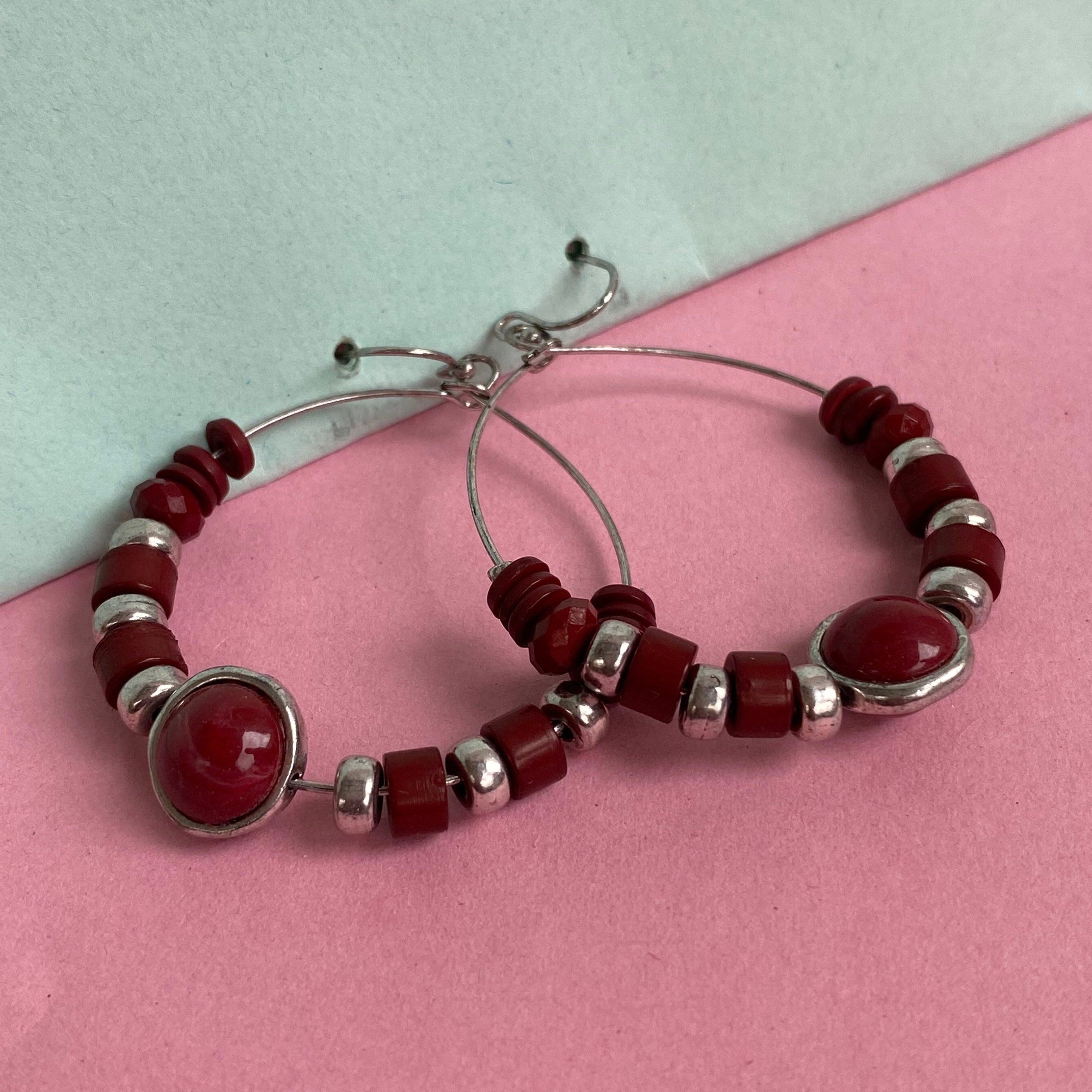Bohemian Red Beaded Hoop Earrings