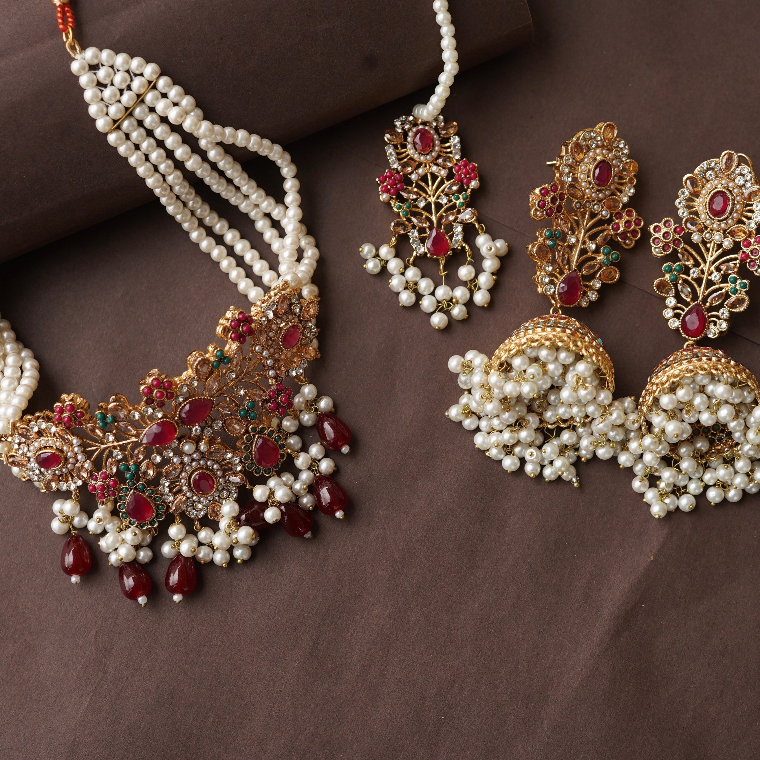 Royal Ruby and Pearl Bridal Jewelry Set