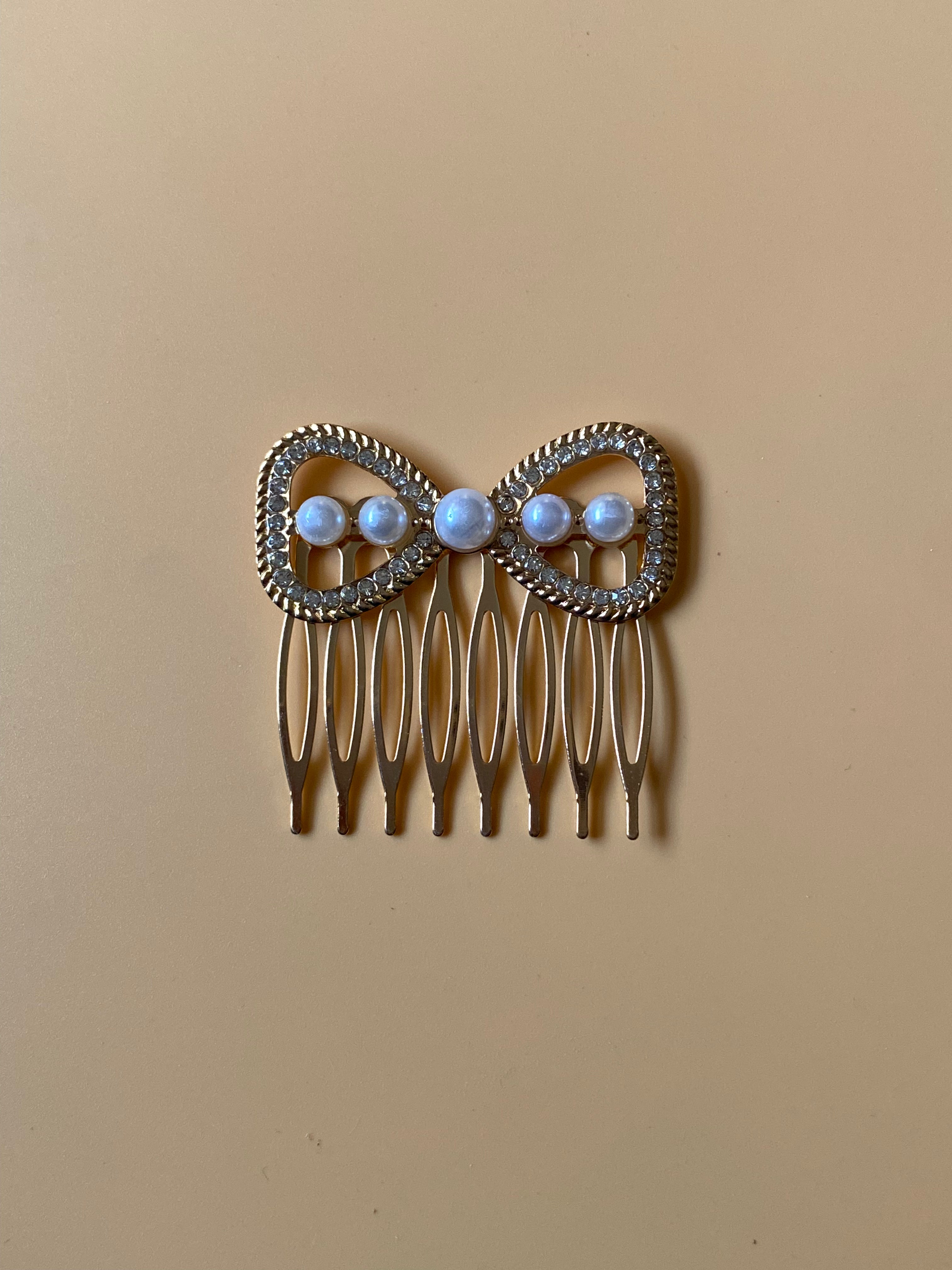 double Bow Gold Hair Comb with Crystal accents